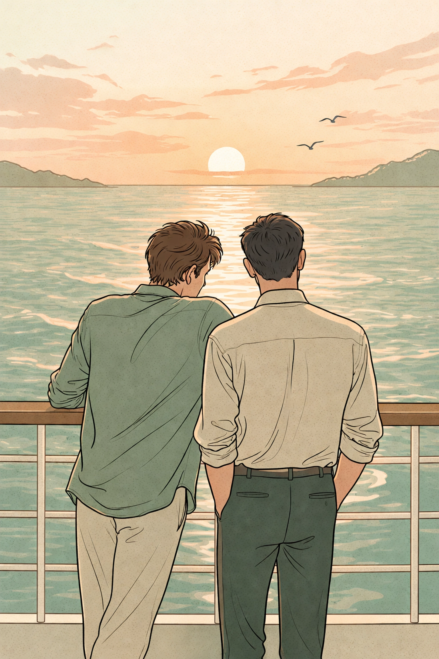 Two men share an intimate moment at a cruise ship railing at sunset, symbolizing the beginning of a romantic MM holiday romance on the MS Odyssey.