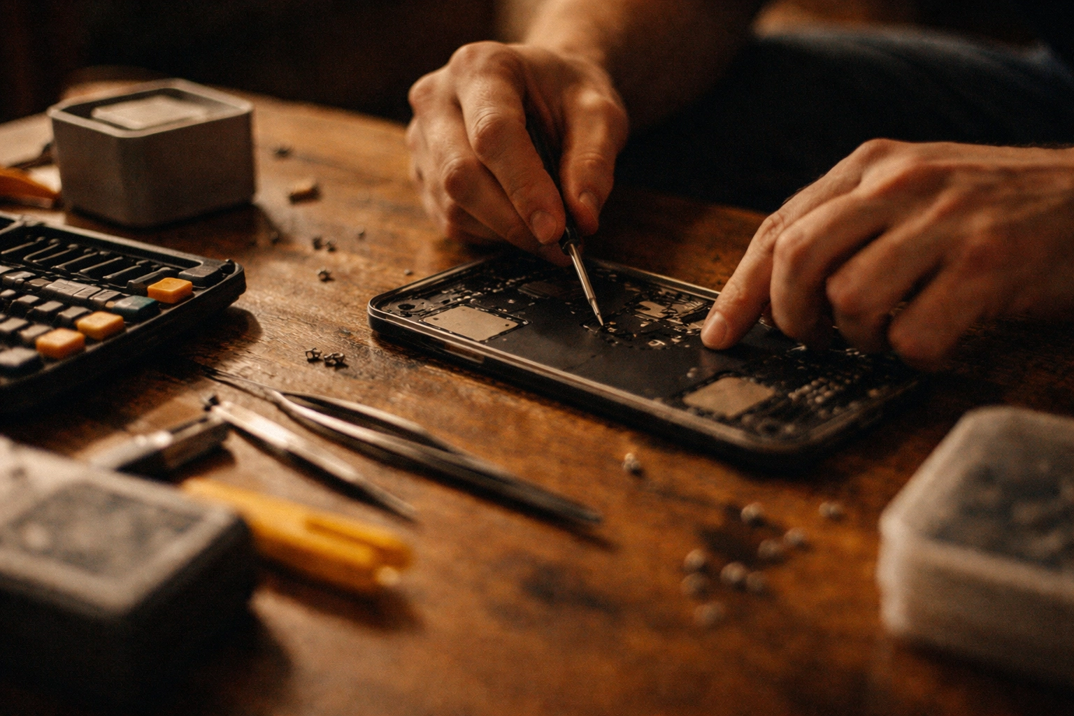 Macro close-up of hands performing an iPhone repair with tools and glass details, showing mobile phone repair in Brooklyn.