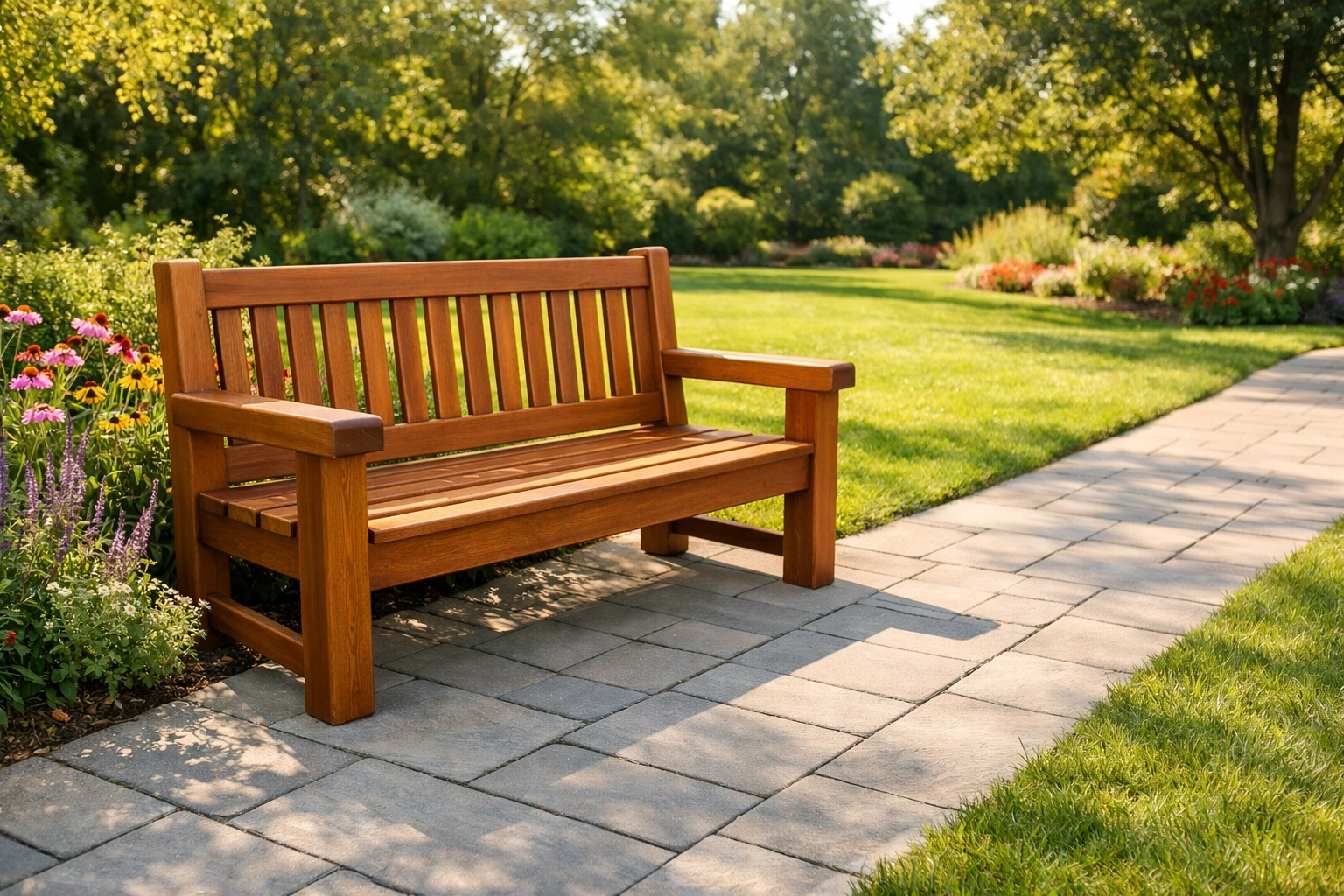 Sturdy garden bench with armrests on a level stone path providing a safe rest area for seniors.
