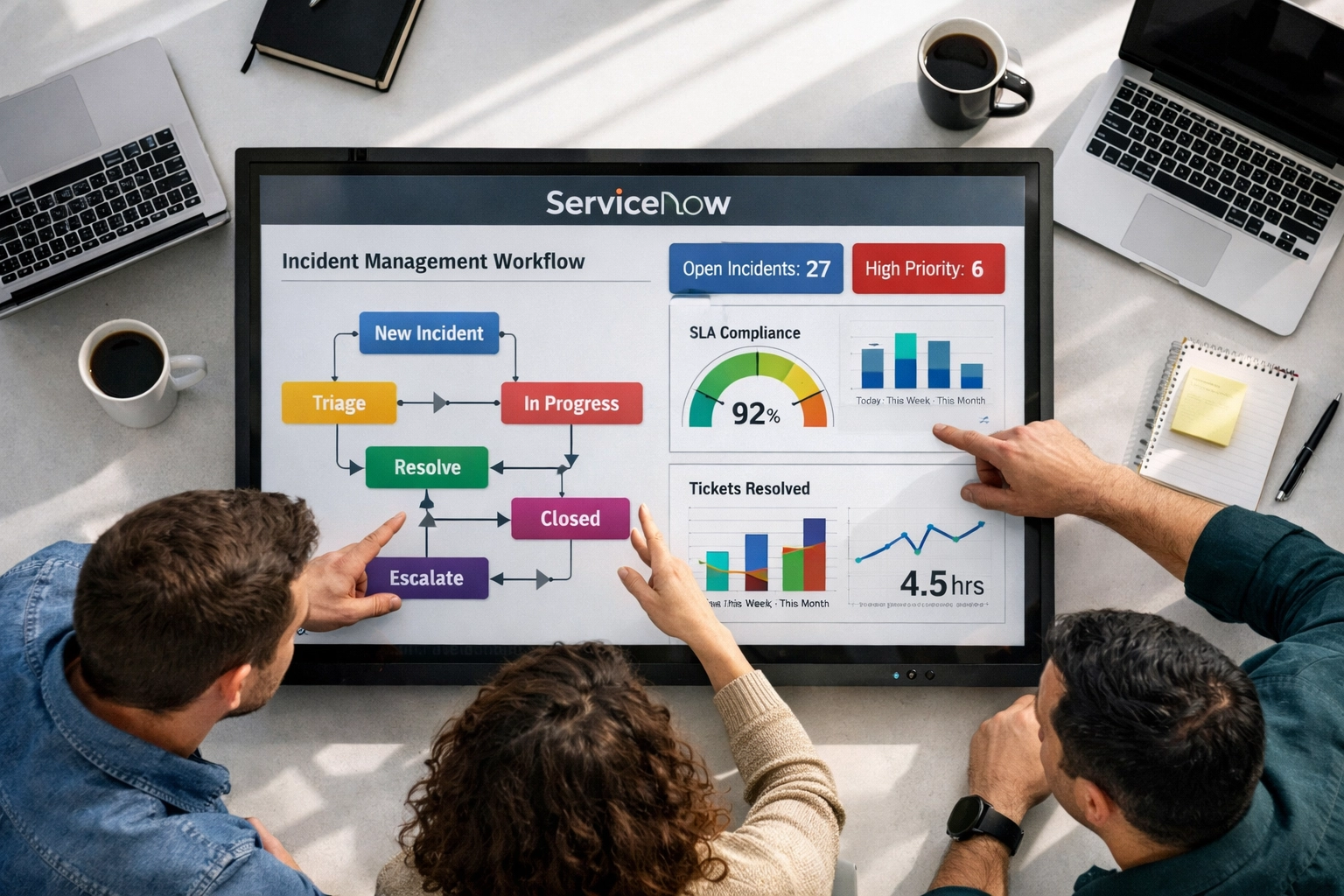 IT team analyzing ServiceNow automation workflows to improve incident management efficiency
