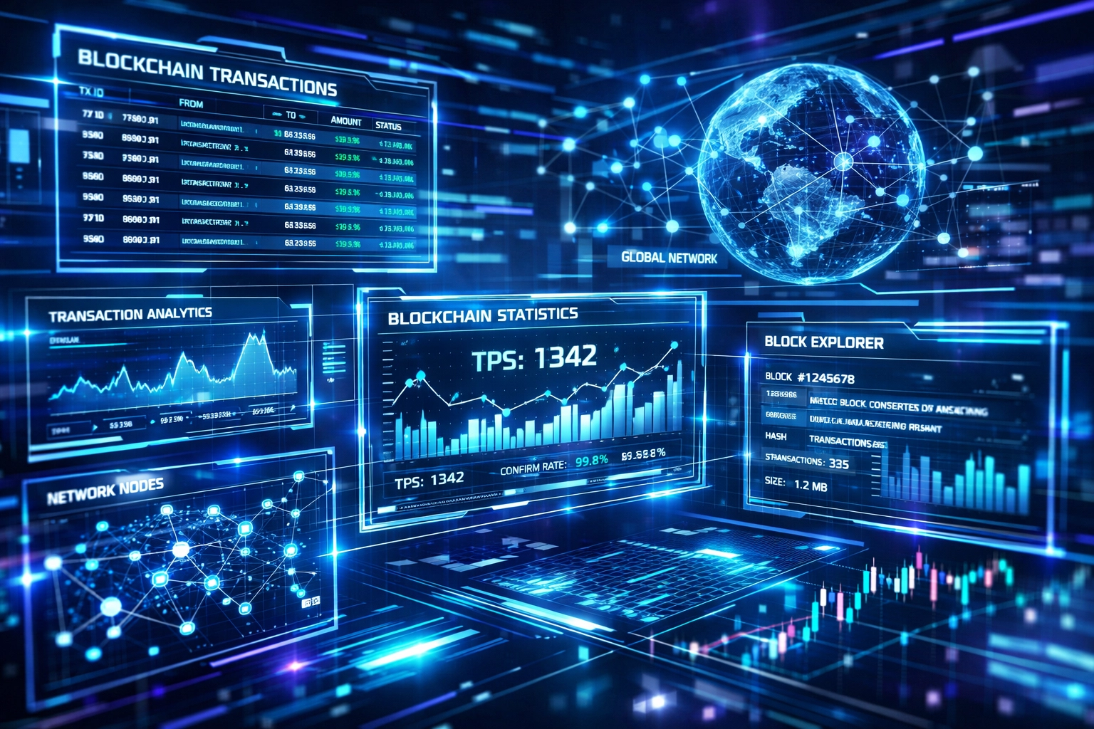 Real-time blockchain payment dashboard showing transaction data and analytics
