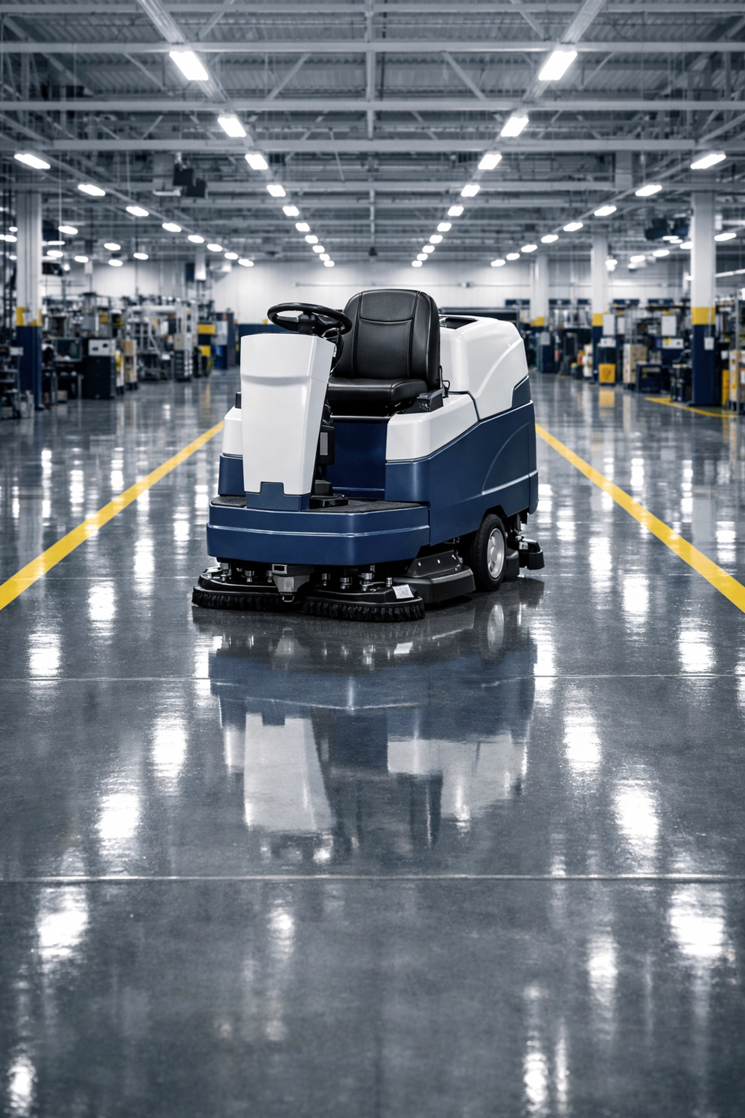 Polished industrial warehouse floor with safety markings and a professional floor scrubber.