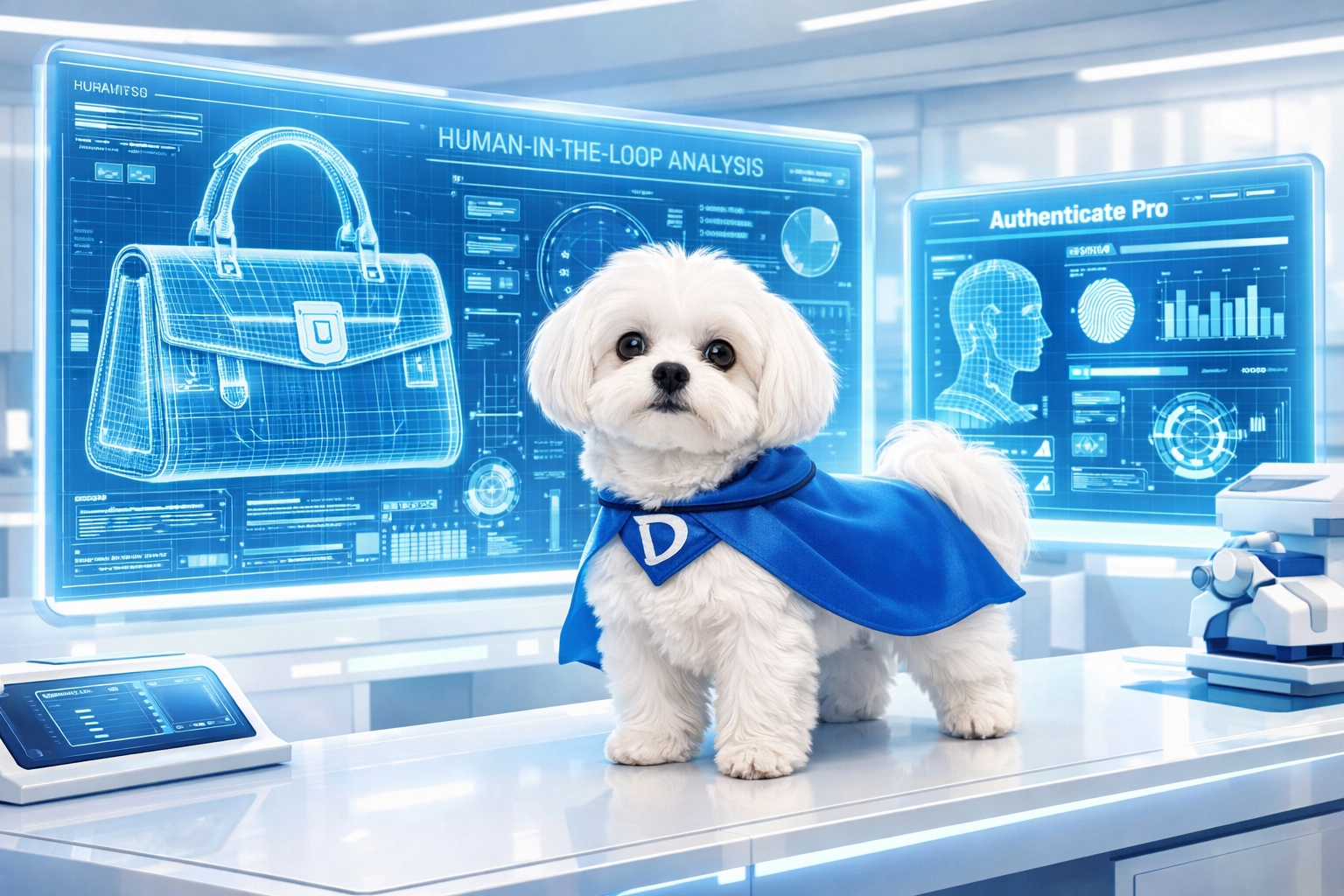Maltese dog in hero cape using tech systems to authenticate luxury items with human expert oversight.