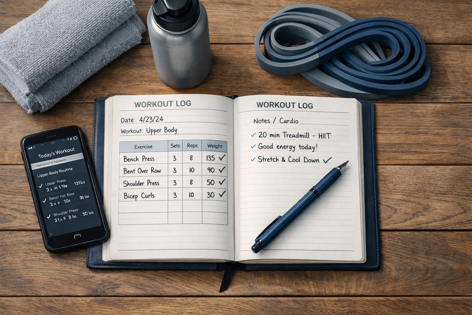 Structured home workout plan with training journal and fitness tracking tools