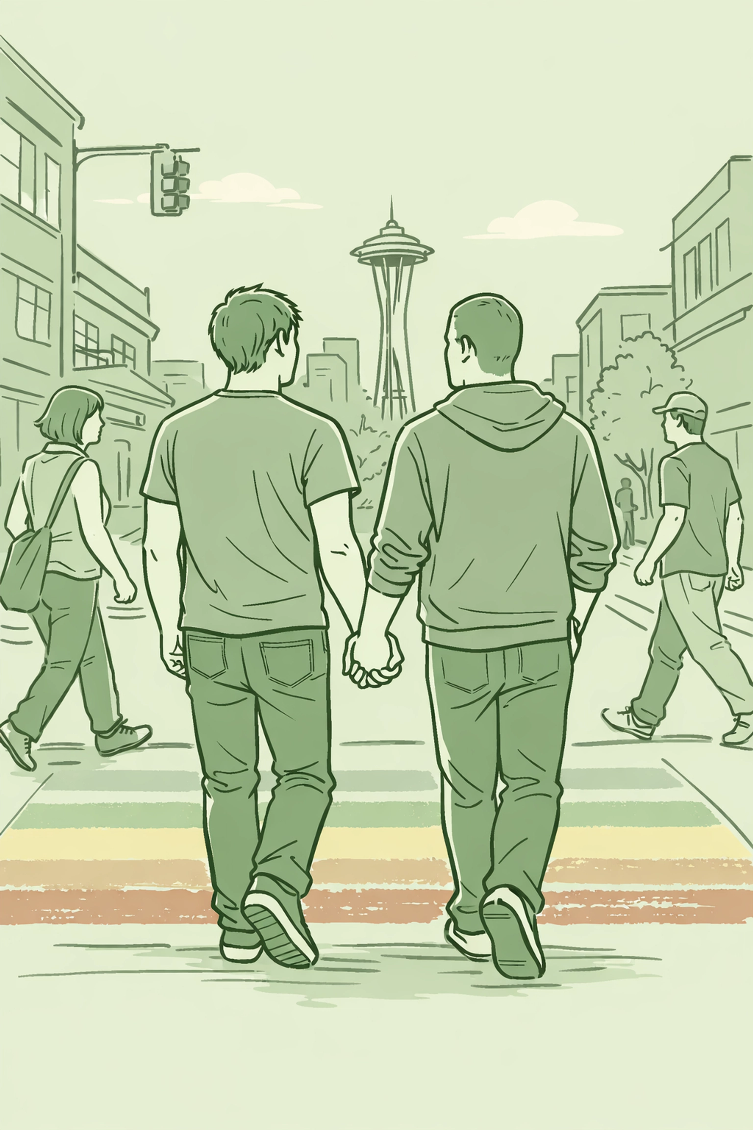 Gay couple holding hands freely walking in Seattle near Space Needle with legal protection