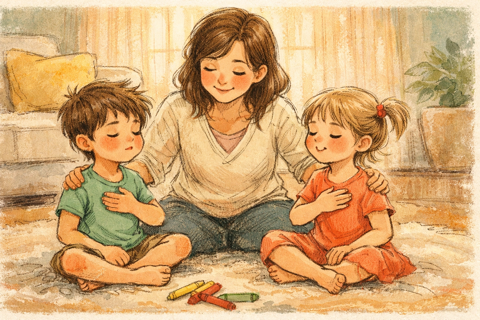 Mother guiding two young children through calming breath prayer after sibling conflict on living room rug