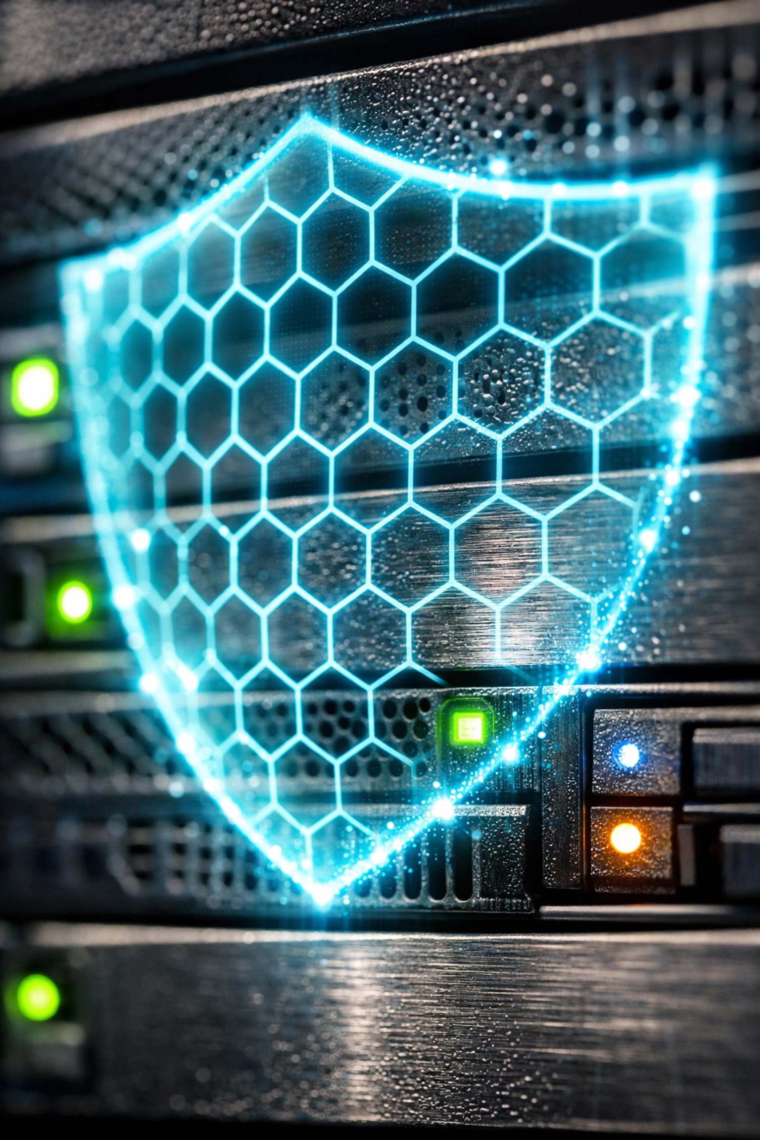 High-performance server rack with a digital security shield representing secure managed WordPress hosting services.