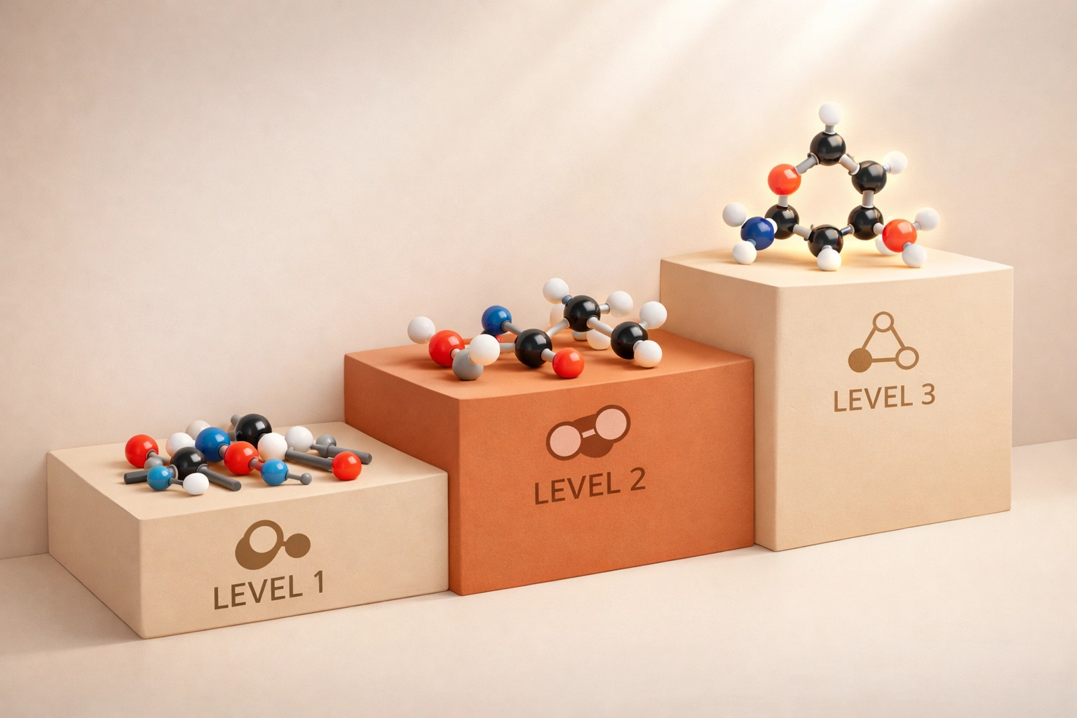 Three levels of A-Level Chemistry exam responses from basic to excellent mastery