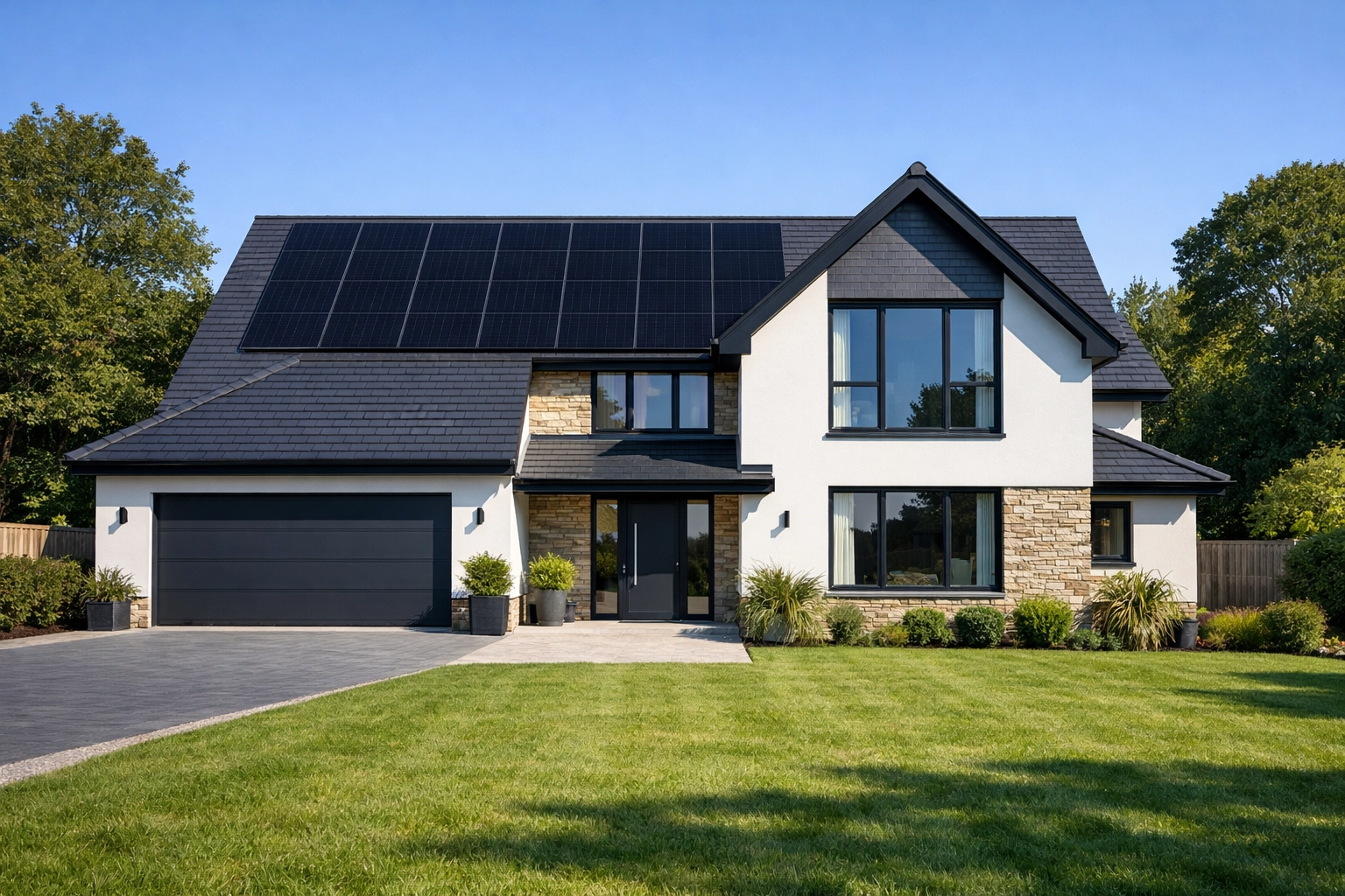 Sleek black solar panel installation on a modern Dorset home roof by MCS-approved installers in Ferndown.
