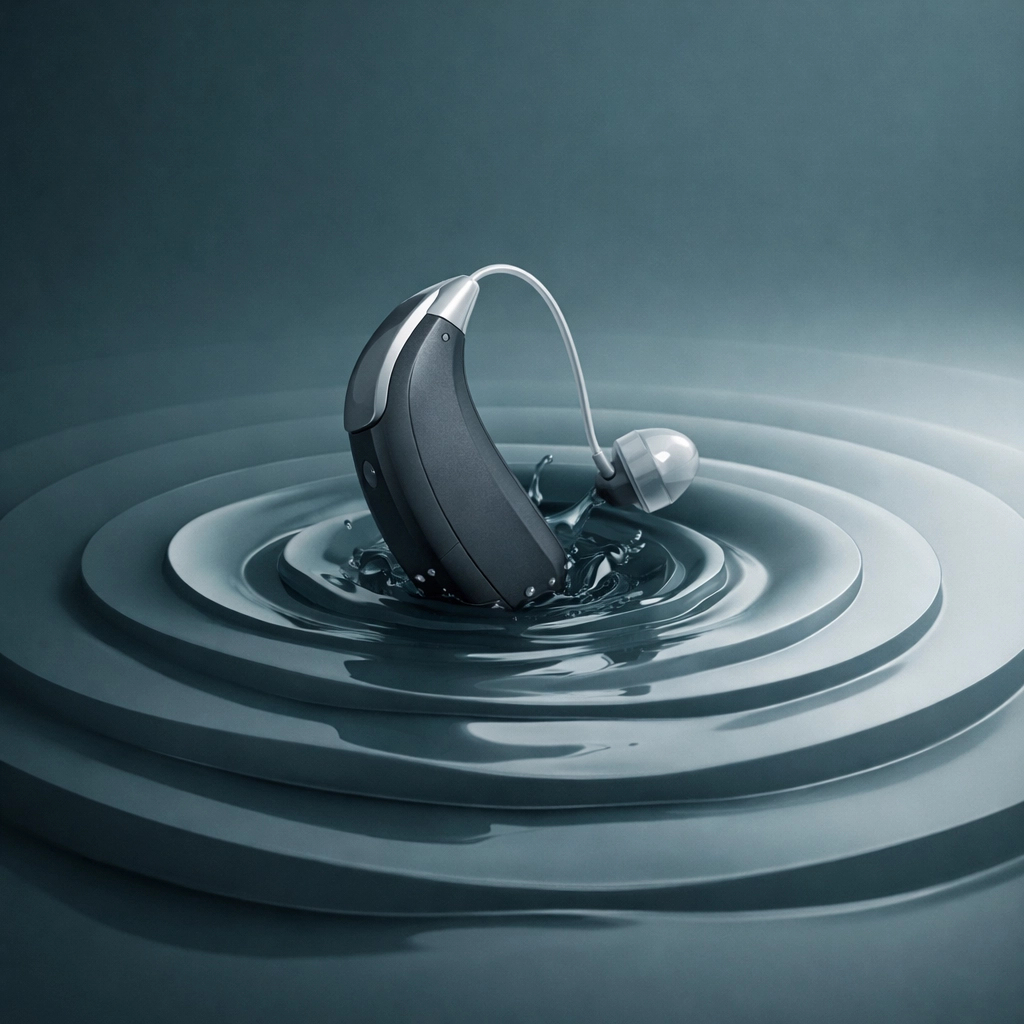 A hearing aid falling into water ripples symbolizing the importance of insurance for accidental loss and damage.
