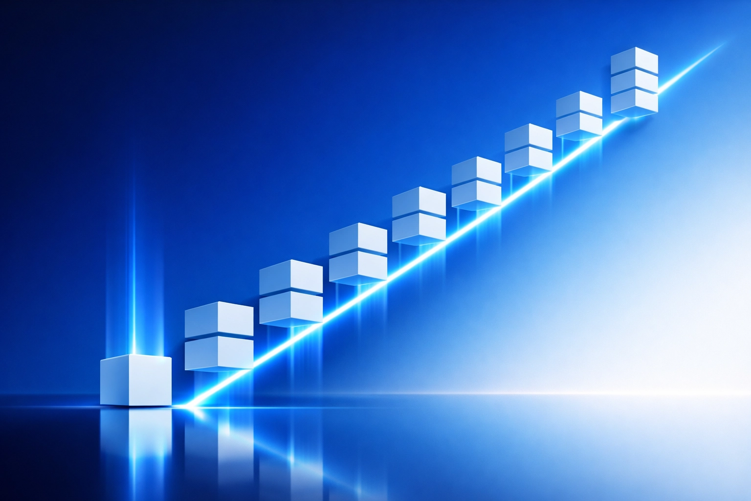 Digital elements rising to represent scaling business capacity and growth through efficient AI workflow automation.