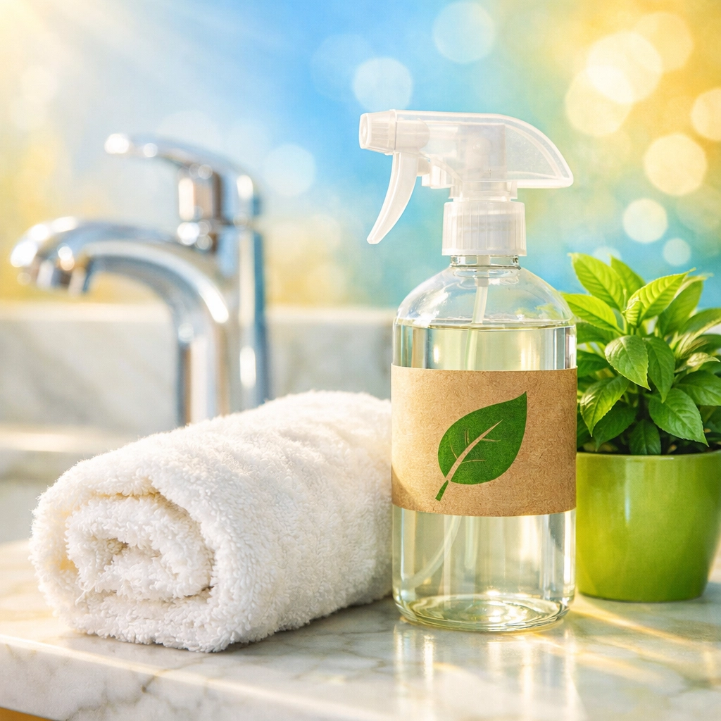 Eco-friendly hotel cleaning products and fresh towels in a bright, sanitized guest bathroom in Revere.