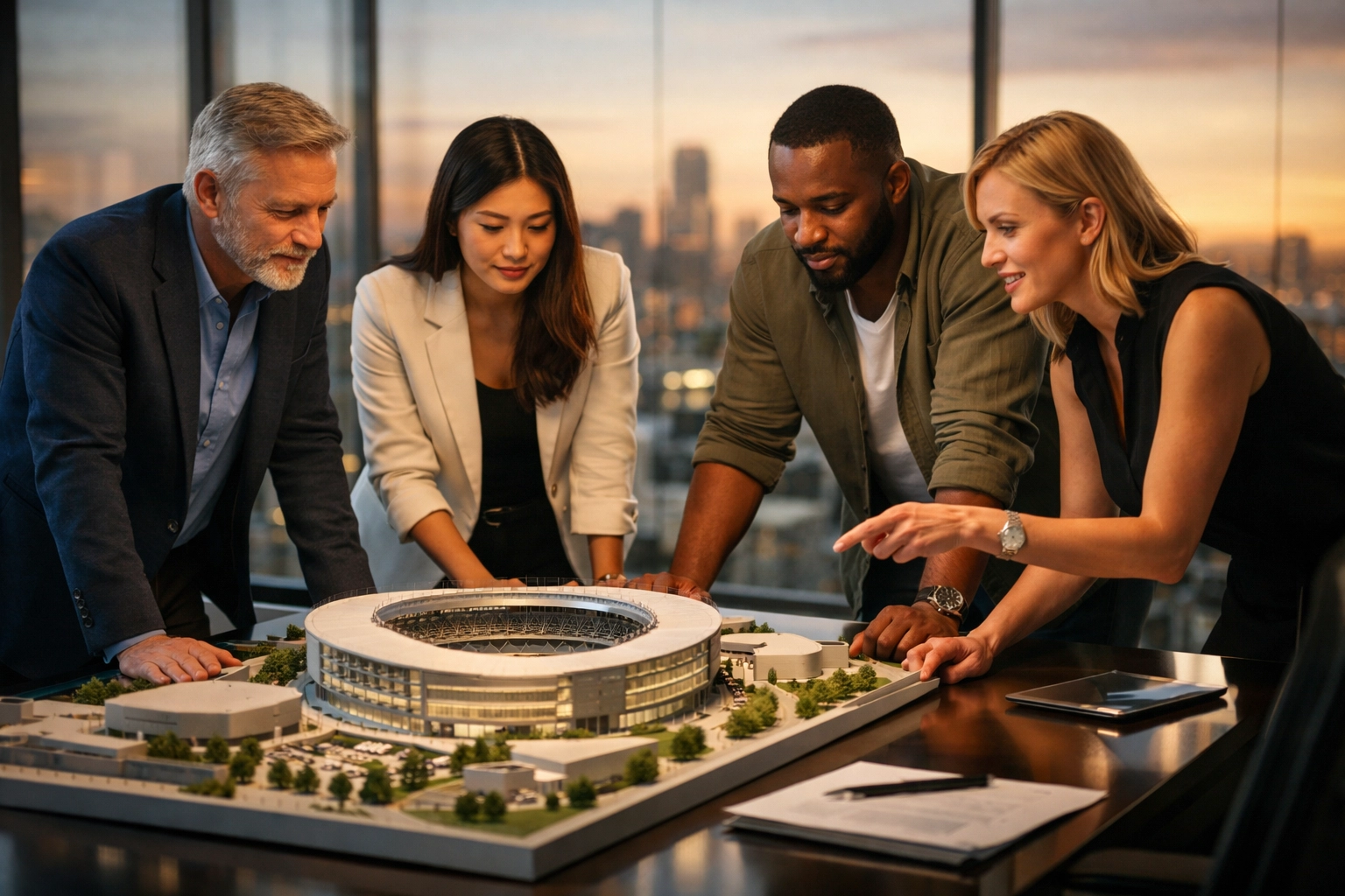 Strategic consultants reviewing a sports stadium model for long-term infrastructure and growth planning.