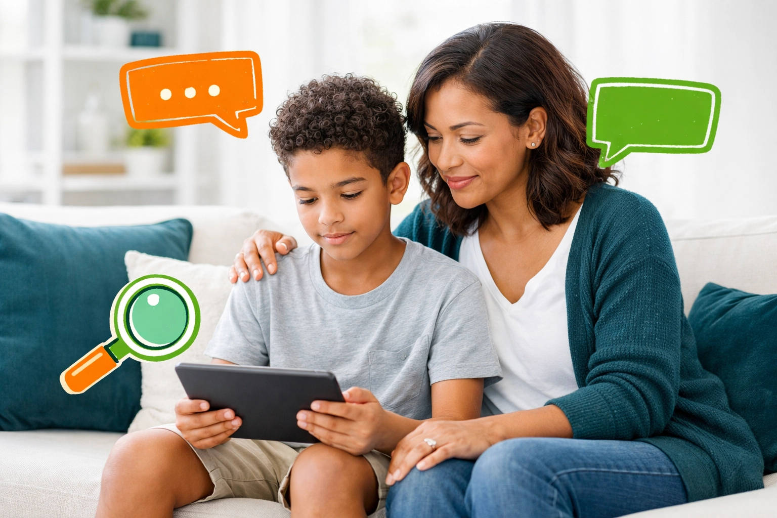 Mother and son practicing digital etiquette and the Pause Screenshot Ask rule while looking at a tablet together.