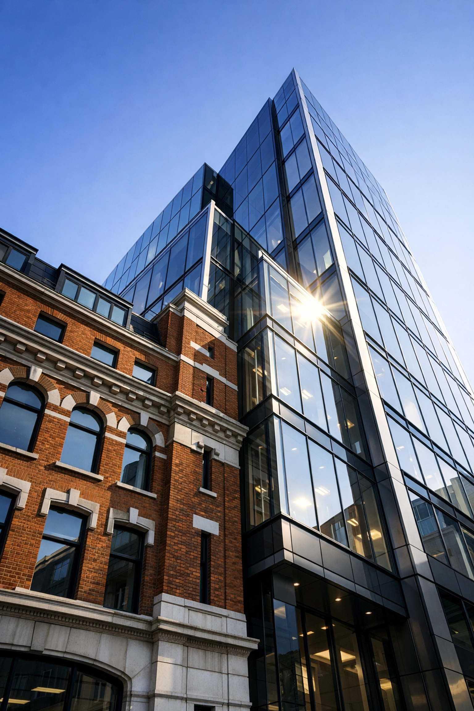 Modern Fitzrovia building facade representing the London headquarters of KGFM Ltd security company.