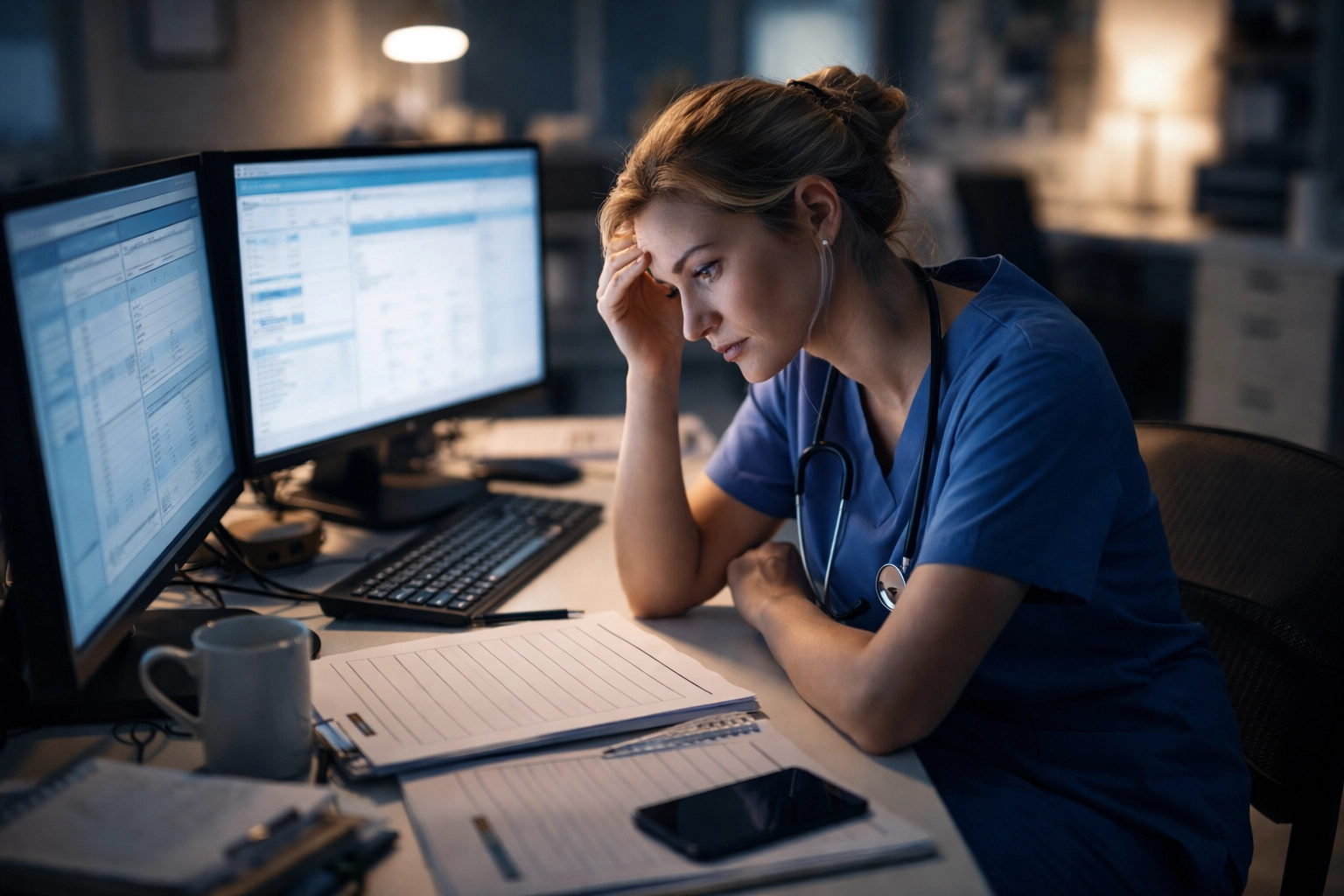 Exhausted nurse practitioner working late on clinical documentation at computer after hours