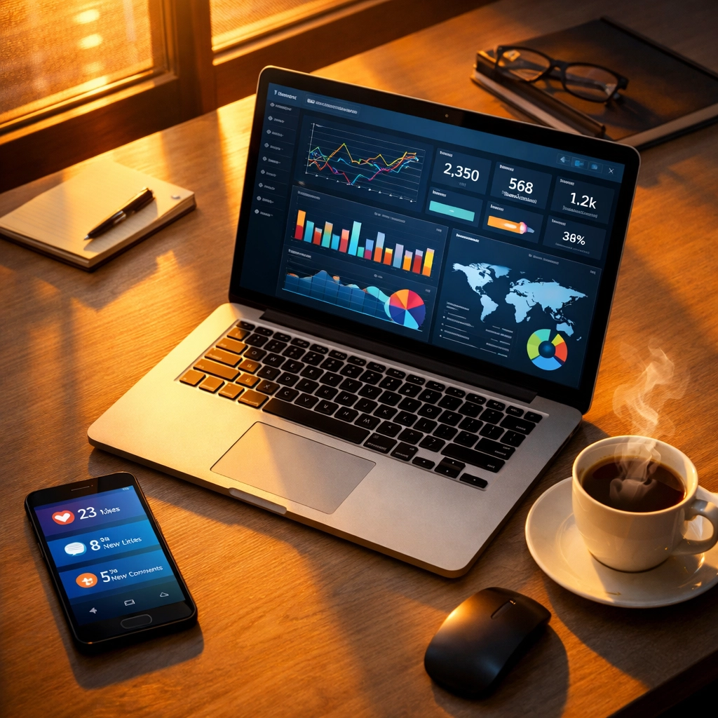 Early morning workspace with real-time analytics dashboards tracking automated brand partnership data