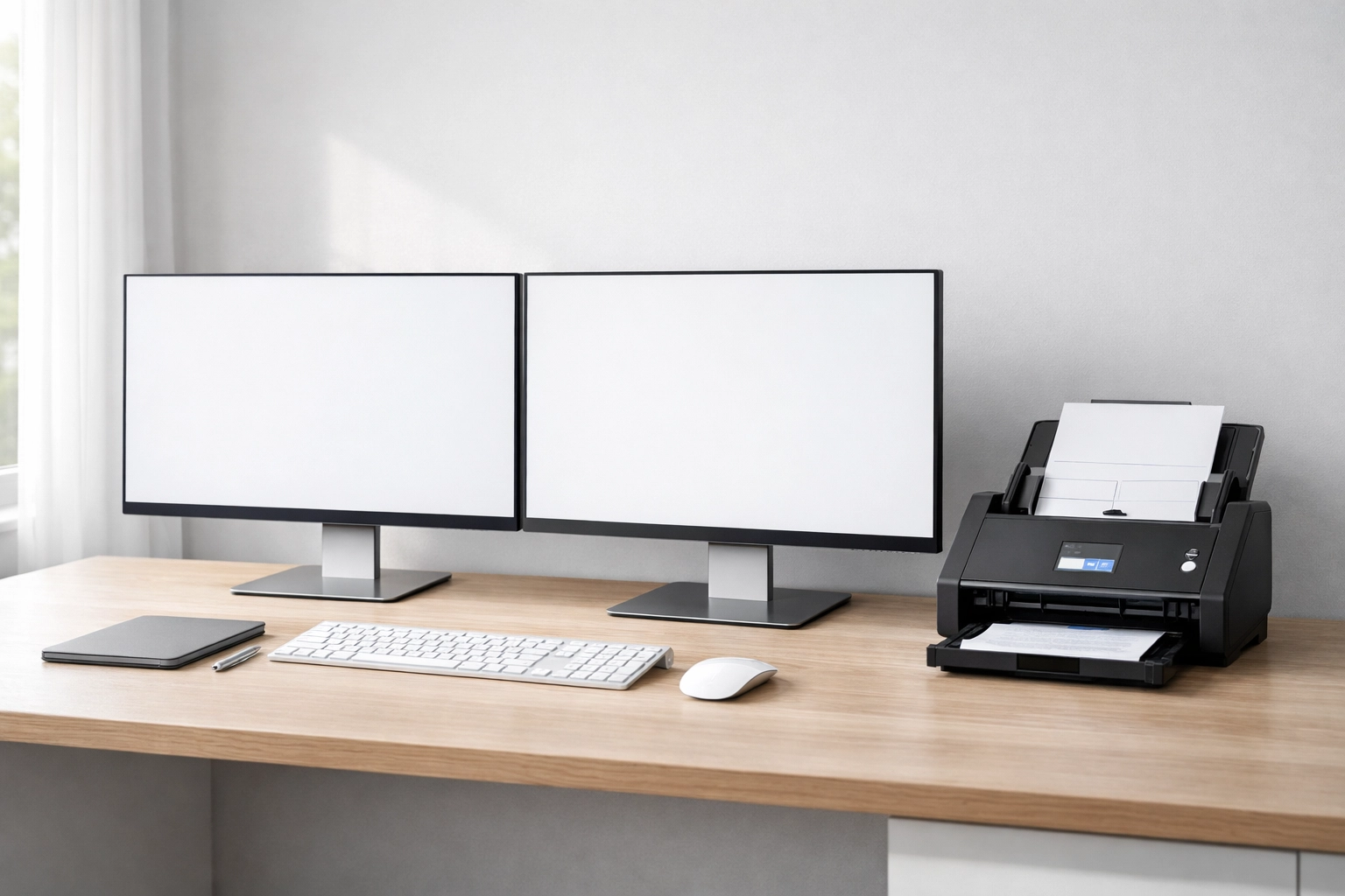 Modern tax professional workstation featuring dual monitors and a high-speed scanner for efficient ERO operations.