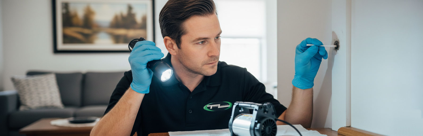 A technician collecting a mold sample from a residential interior wall