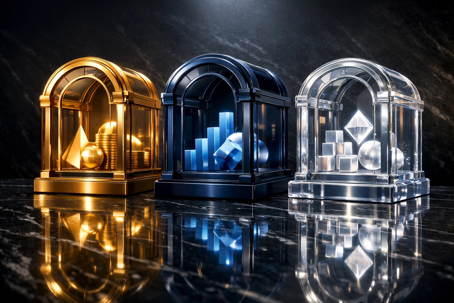 Secure glass vaults representing strategic asset location across taxable, tax-deferred, and tax-free investment accounts.