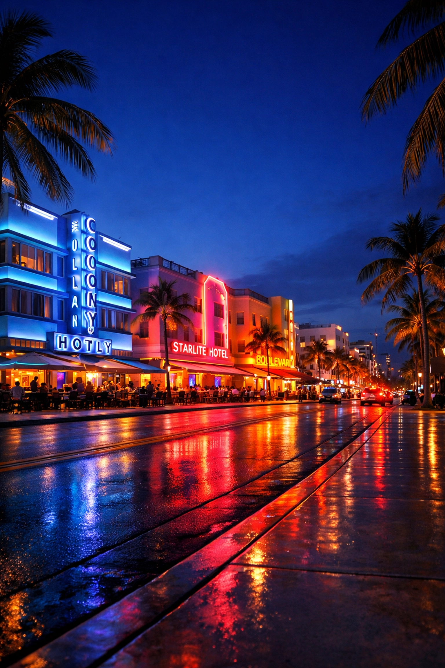 Neon-lit Art Deco buildings on Ocean Drive, representing the best photography spots in Miami for brand events.