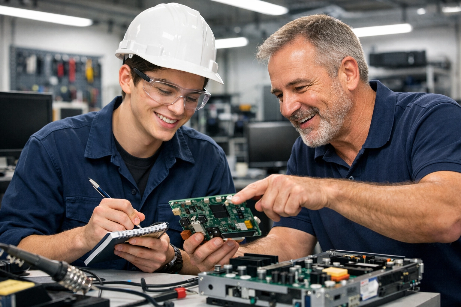 Apprentice learning skilled trade from experienced mentor in modern workshop setting