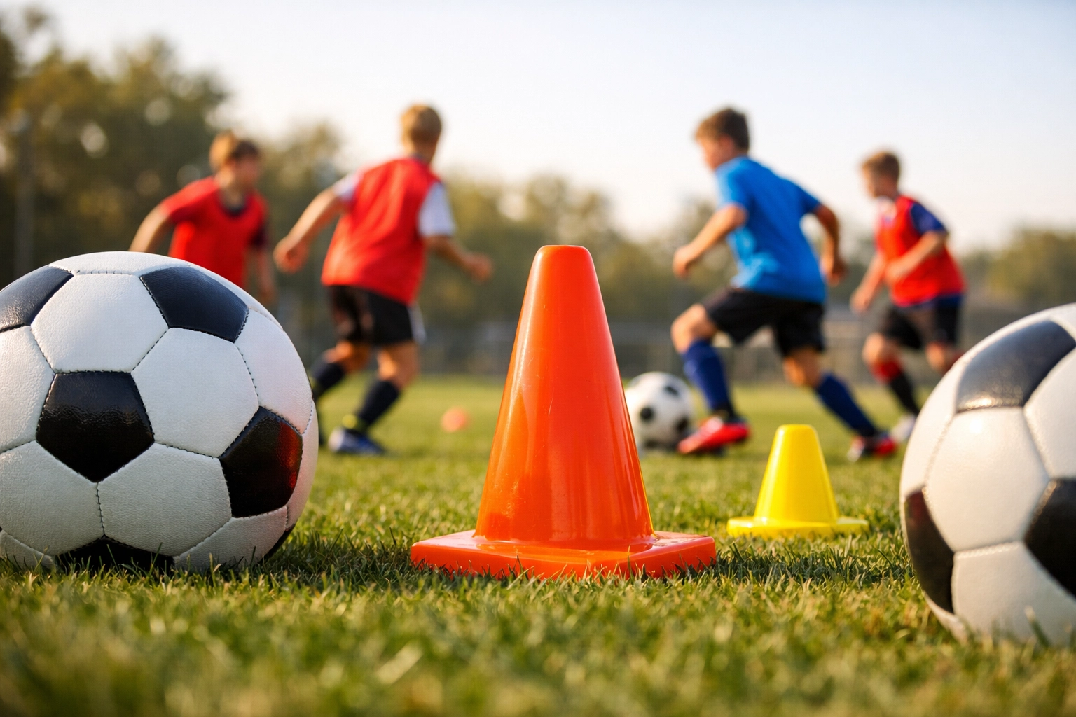 Youth players wearing colored training pinnies during team drill with cones and balls