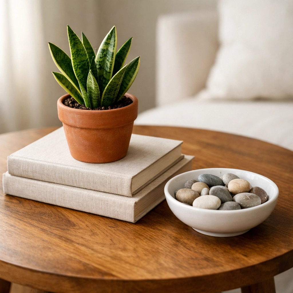 Styled coffee table vignette with stacked books, snake plant, and decorative bowl