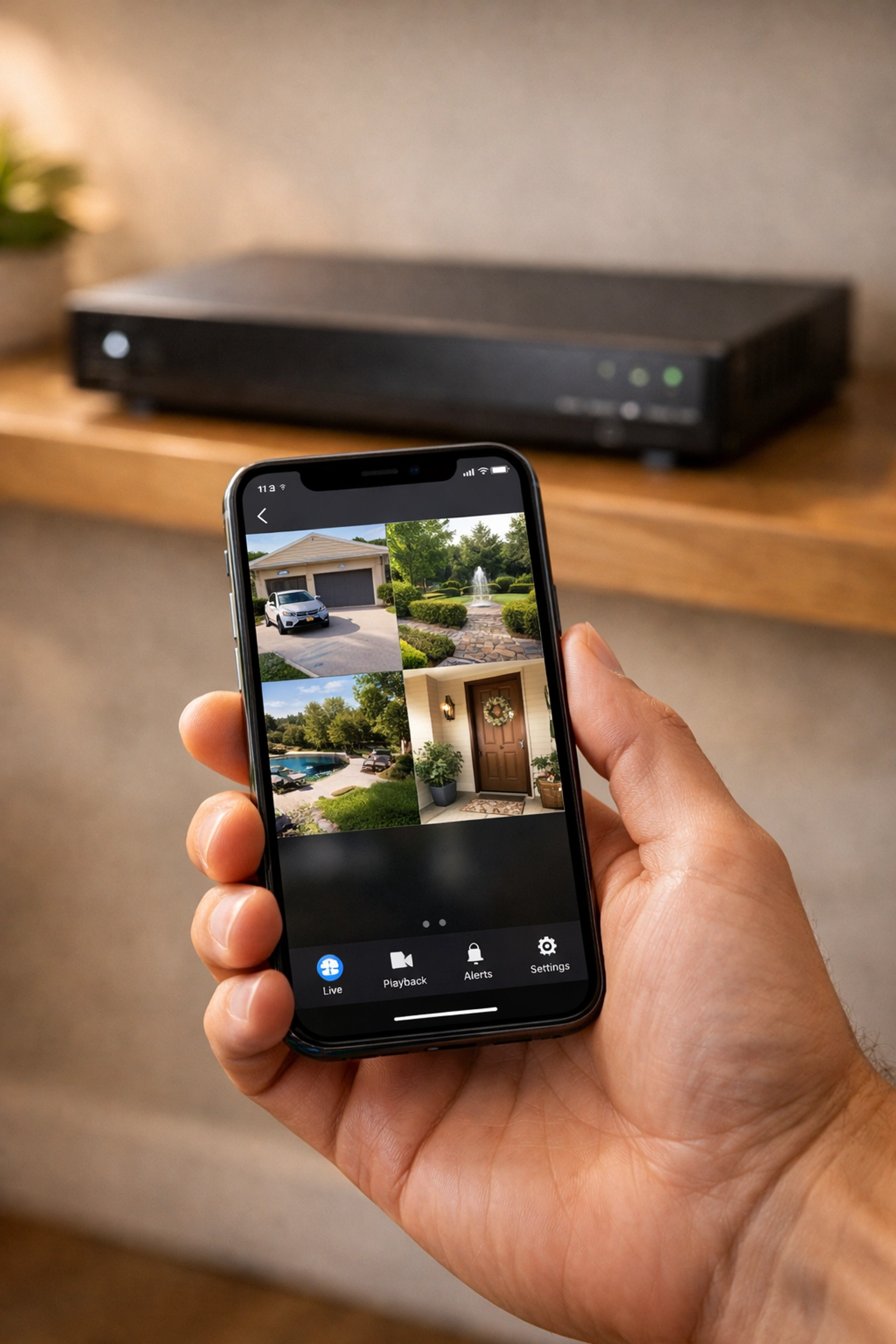 Professional security app on smartphone showing local CCTV camera feeds with no monthly fees.