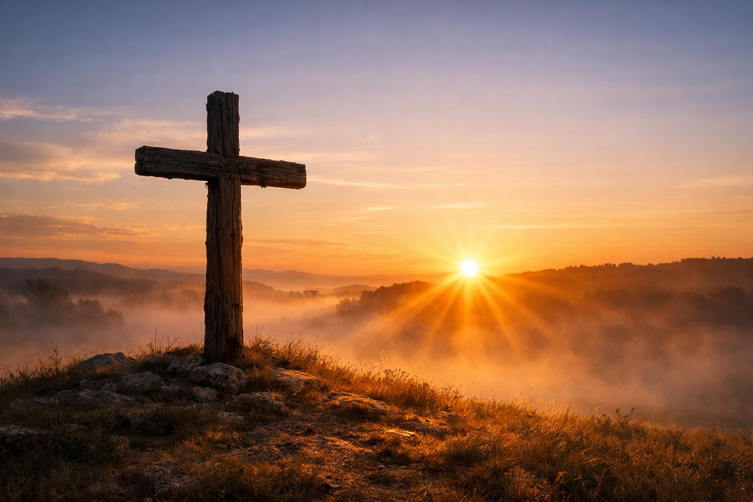 A wooden cross at sunrise, symbolizing the radical grace of Jesus and spiritual healing for deep hurt.
