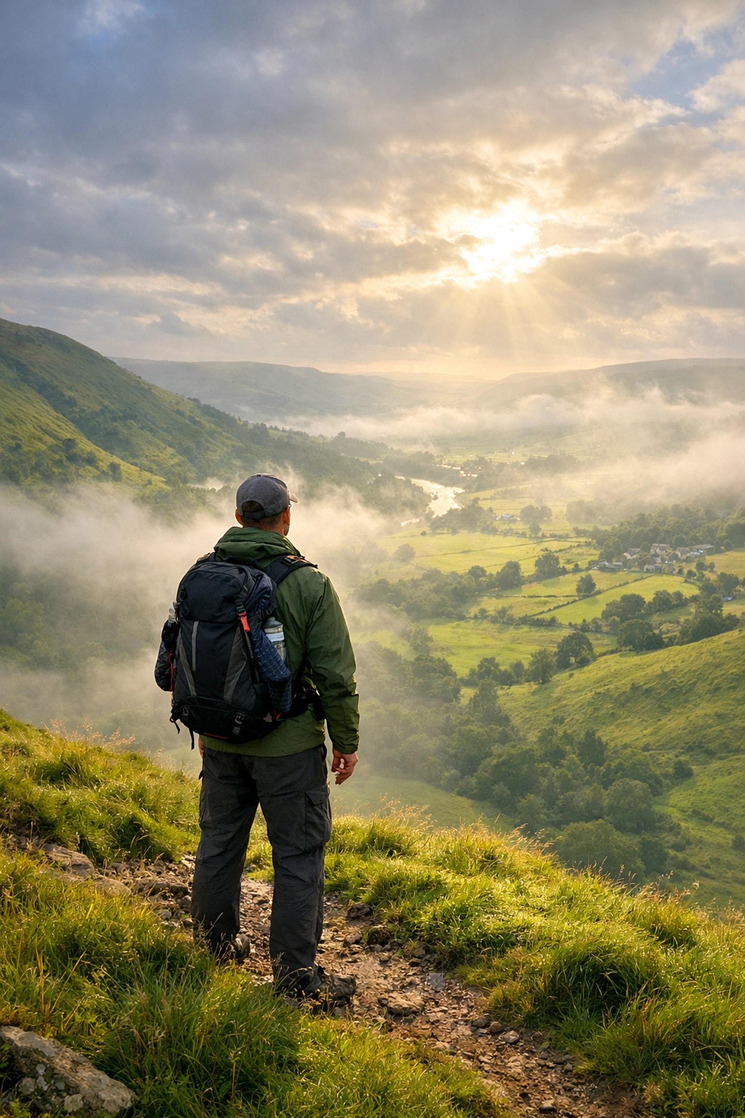 A hiker enjoys the view of a misty valley during a guided hiking tour in the UK.