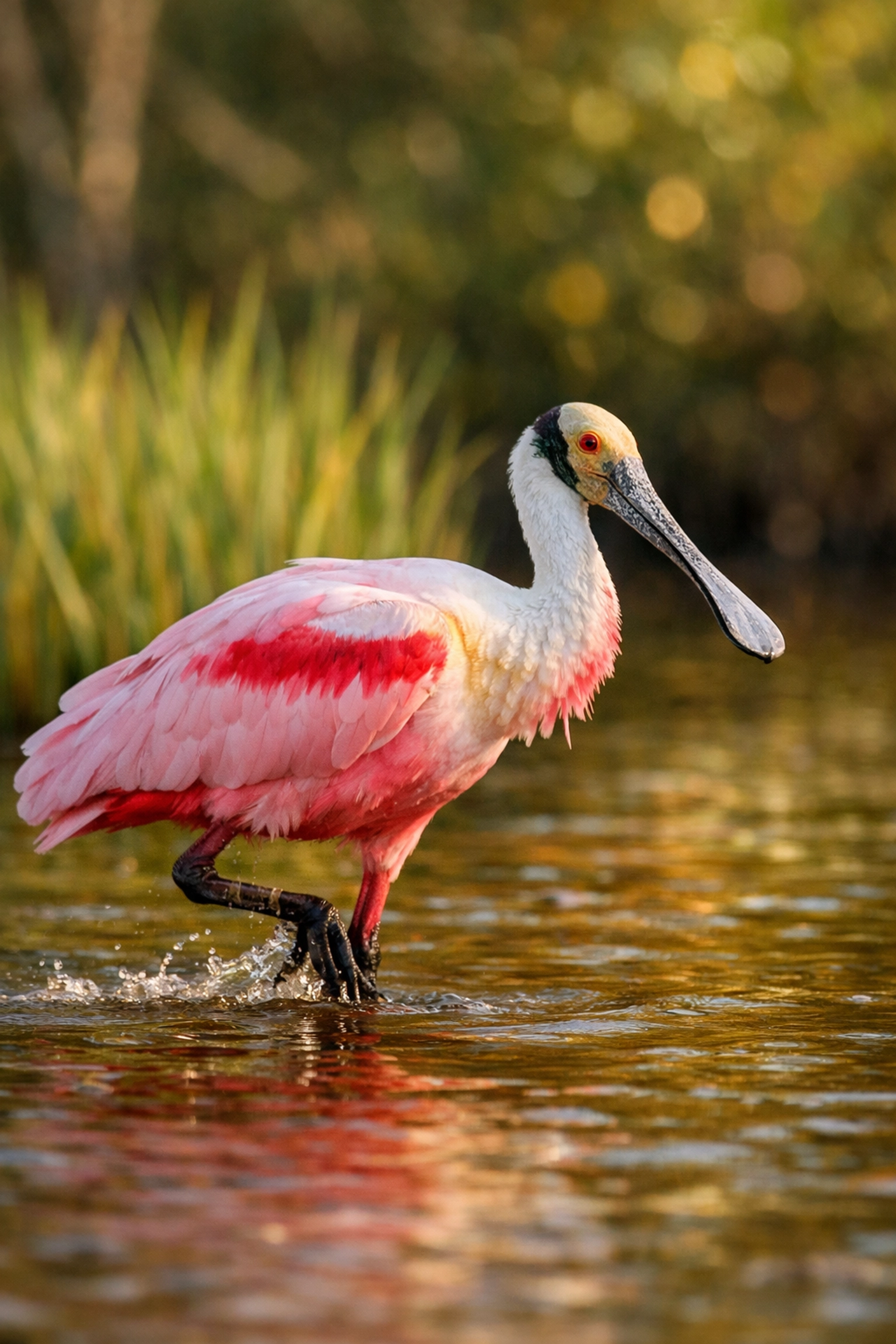 A pink Roseate Spoonbill wading in an Everglades marsh, a popular subject for wildlife photography tours.