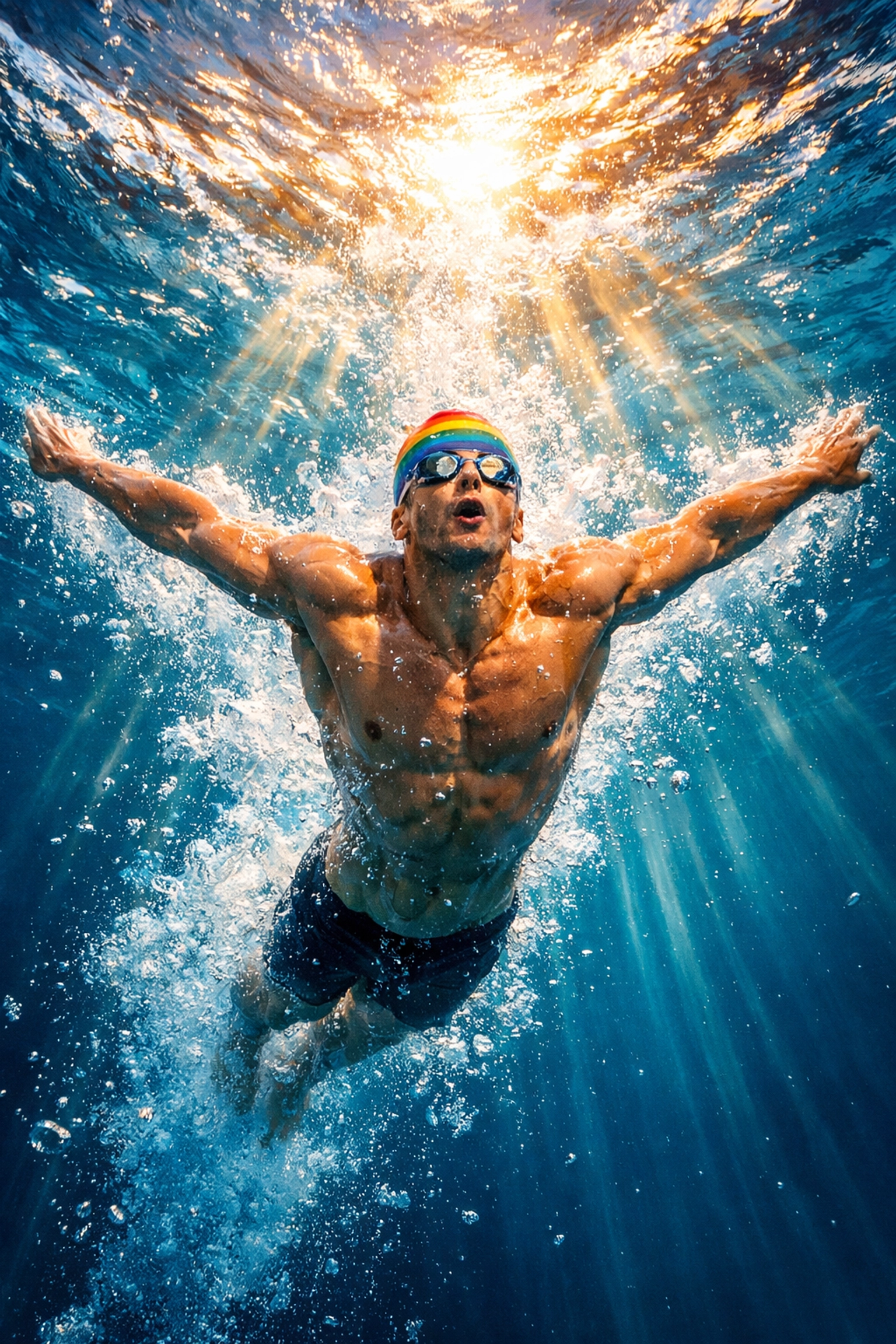 Male swimmer breaking surface underwater, gay coming out story symbolism