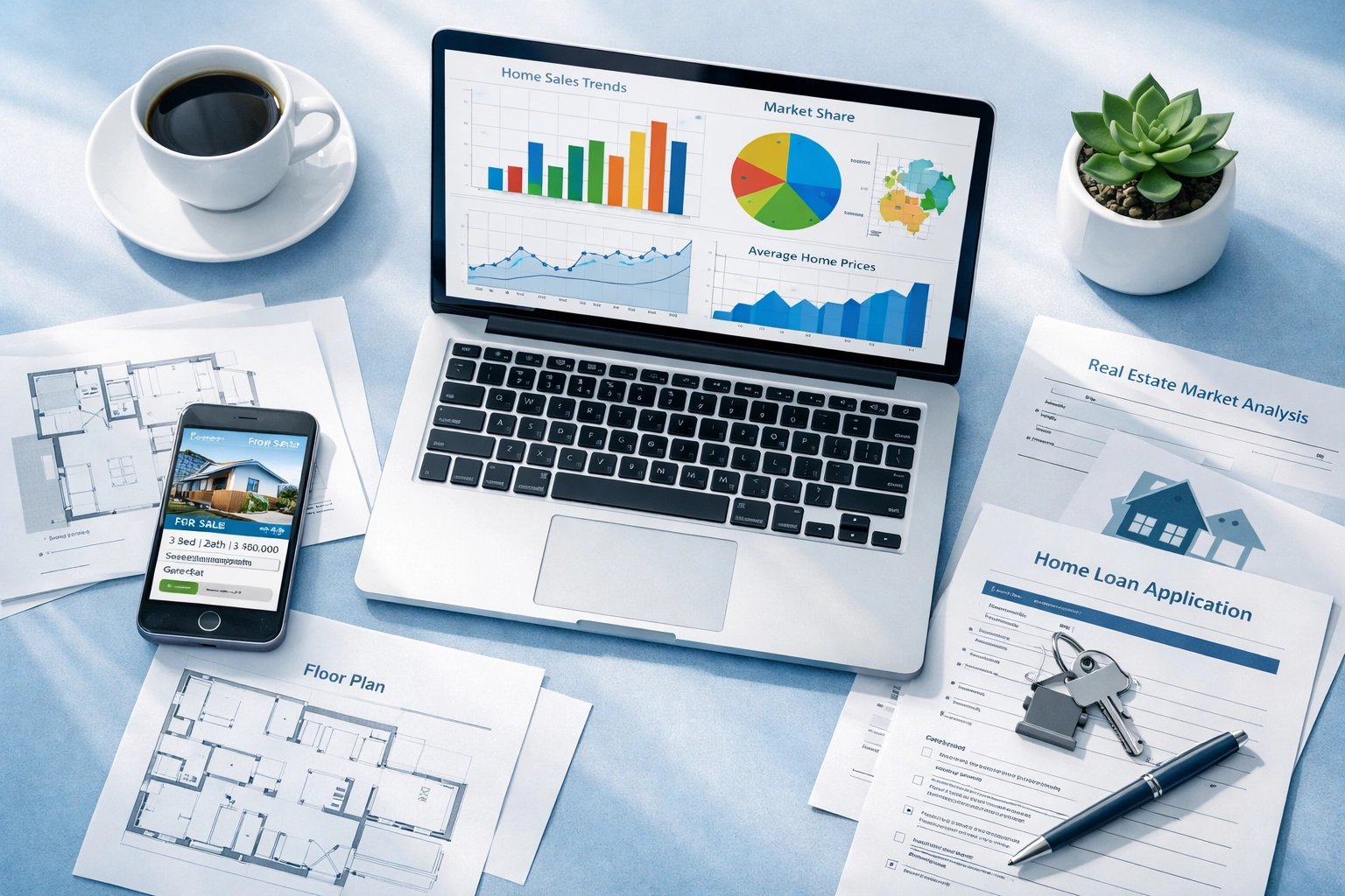 Real estate market analysis with laptop showing property data and investment planning tools