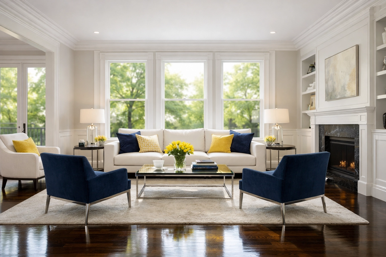 Sun-drenched luxury living room in West Cambridge with polished hardwood floors after a professional deep cleaning.