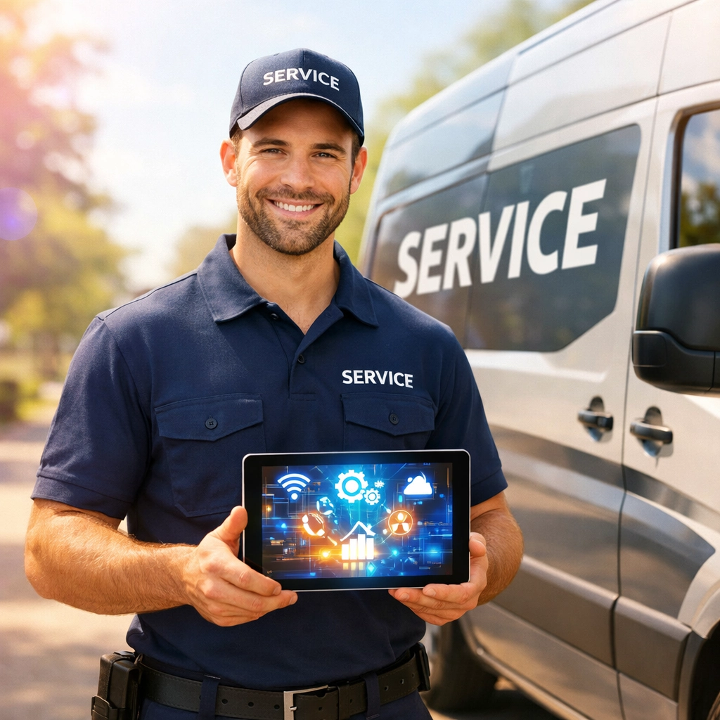 Service business professional using a digital tablet for local service area management and GBP updates.