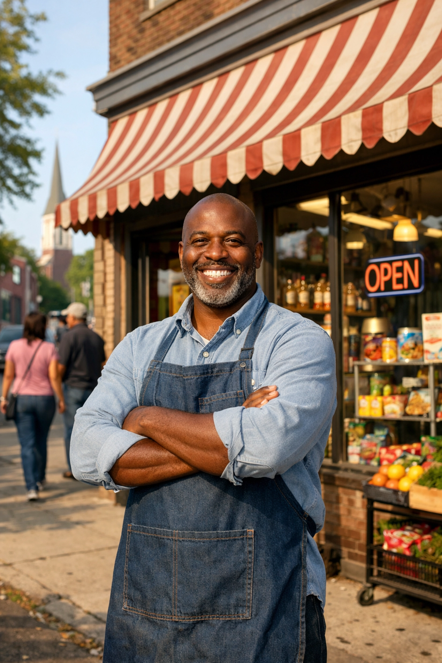 Local business owner in front of neighborhood storefront within the square mile model