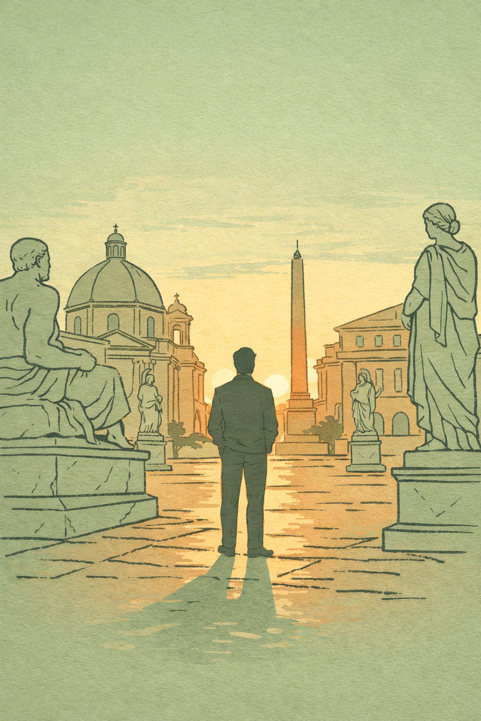 Solitary man standing among classical marble sculptures in Roman piazza at sunset
