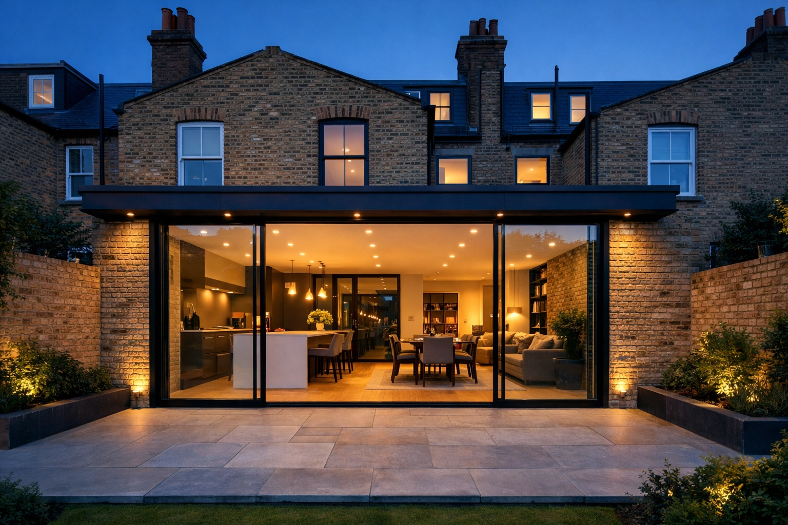 Modern glass rear extension on a London terrace house highlighting seamless structural steel integration.