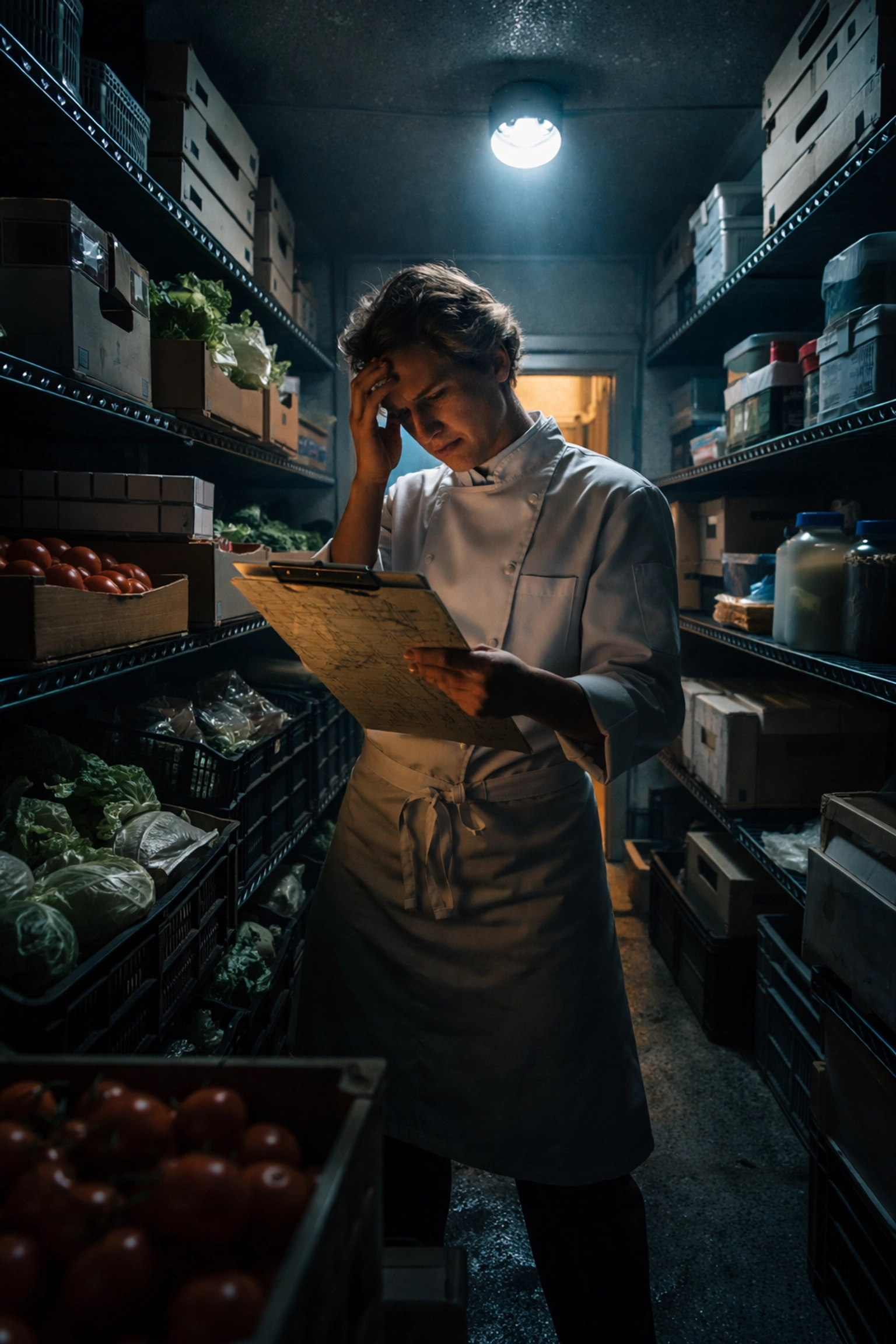 Overwhelmed restaurant manager counting inventory late at night in a cluttered walk-in cooler, highlighting manual inventory chaos.