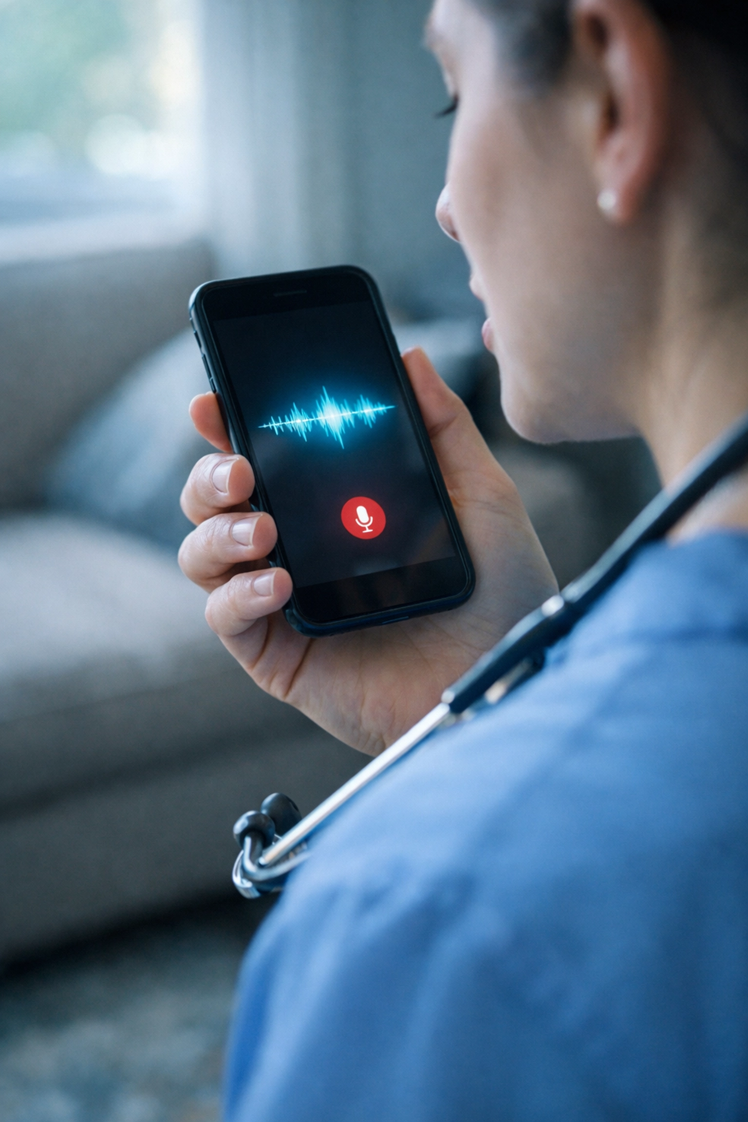 Home health nurse using voice-to-text documentation on smartphone during patient visit