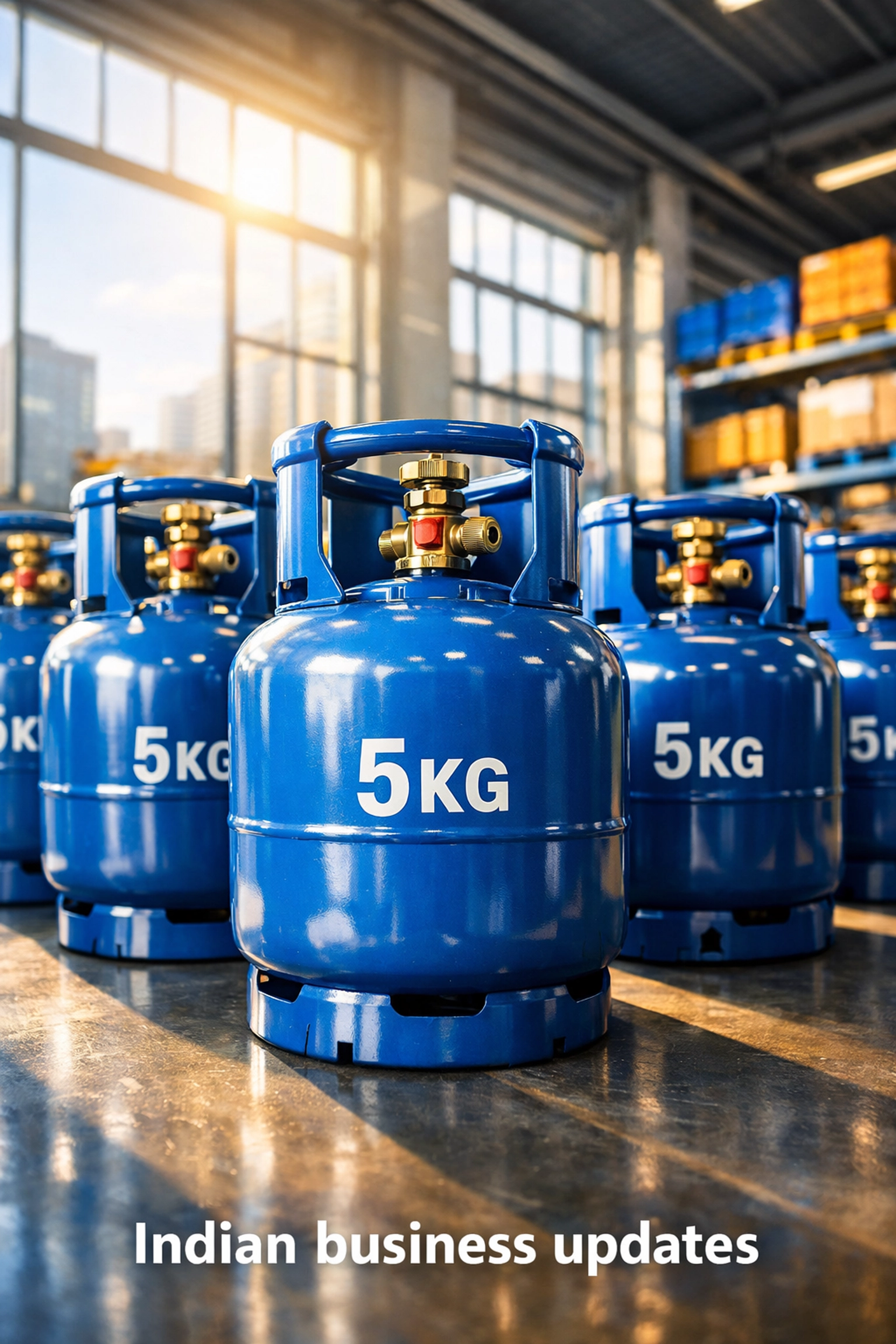 Row of blue 5kg LPG cylinders in a modern distribution center, highlighting latest Indian business updates.