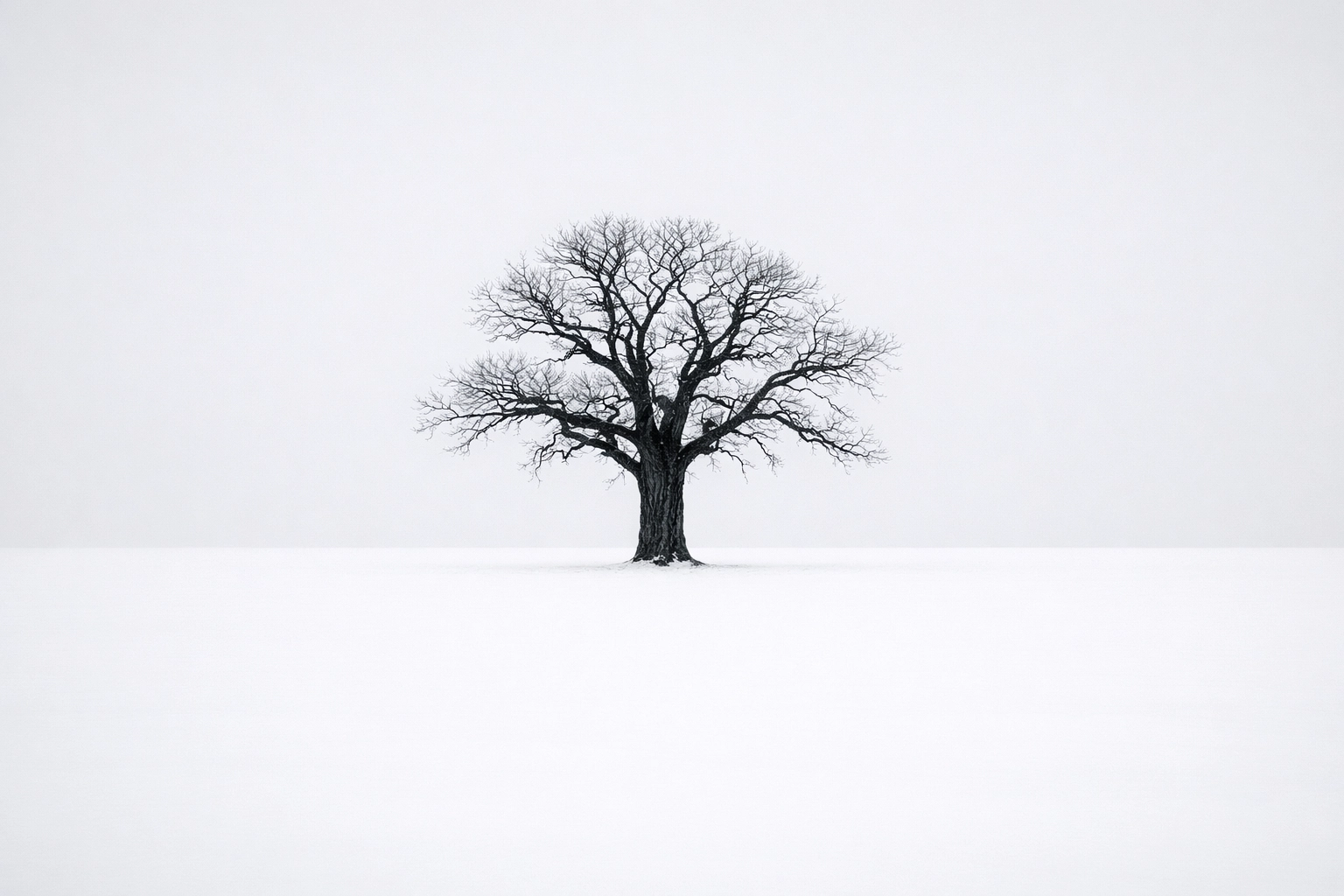 A minimalist landscape composition showing a lone tree in a snowy field with plenty of negative space.