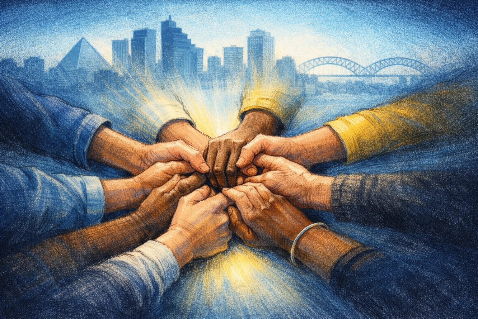 Diverse hands joined in unity over Memphis skyline representing community commitment in the 901