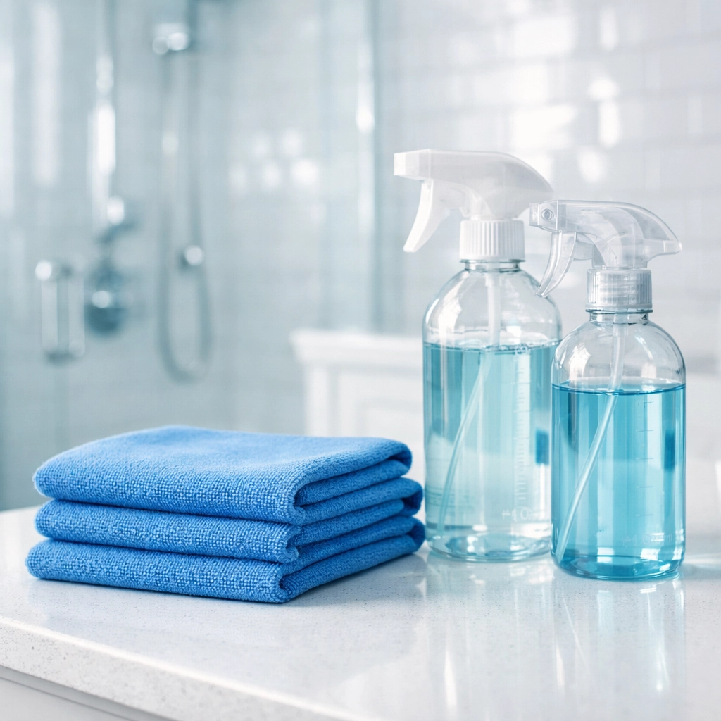 Eco-friendly residential cleaning supplies on a sparkling master bathroom vanity in Leominster MA.