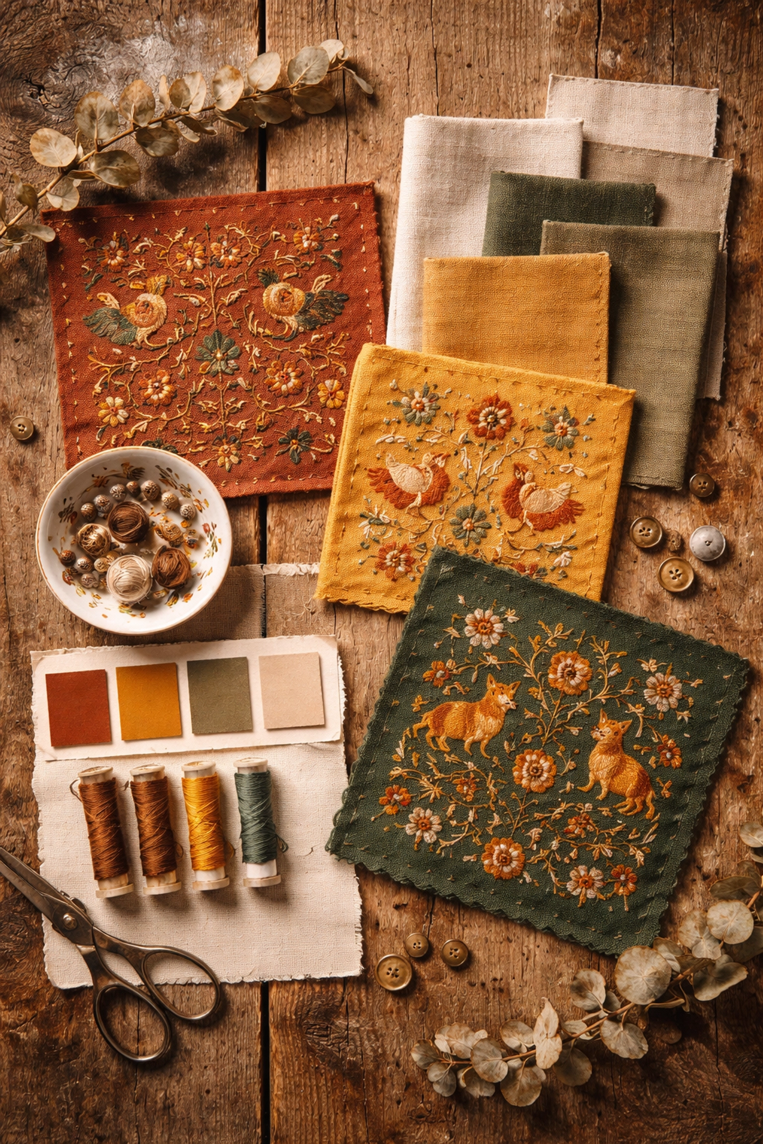 Folk-inspired textiles, color swatches, and vintage accents arranged on rustic wood, illustrating blending of styles.