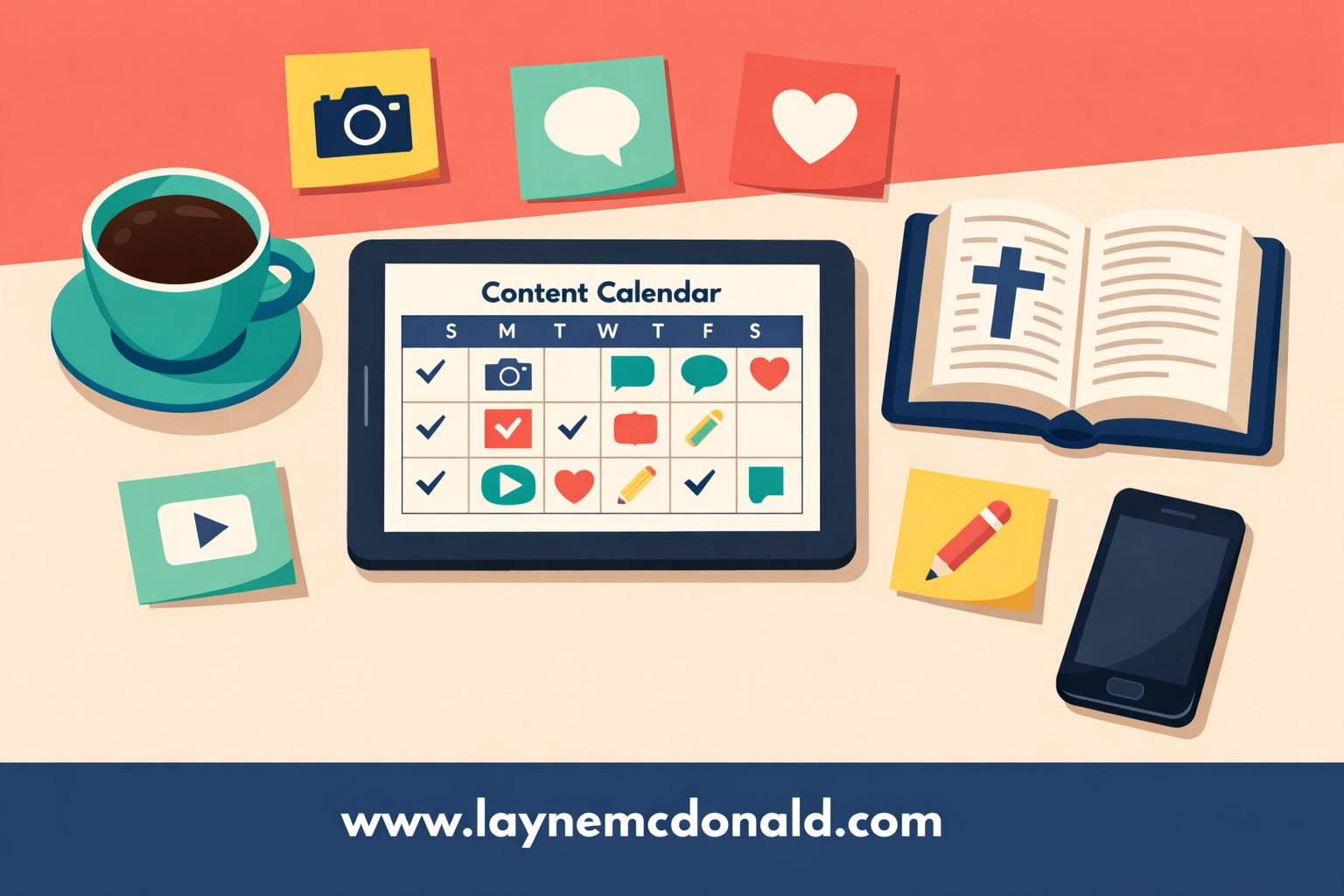 Christian content creator workspace with Bible, calendar, and planning tools
