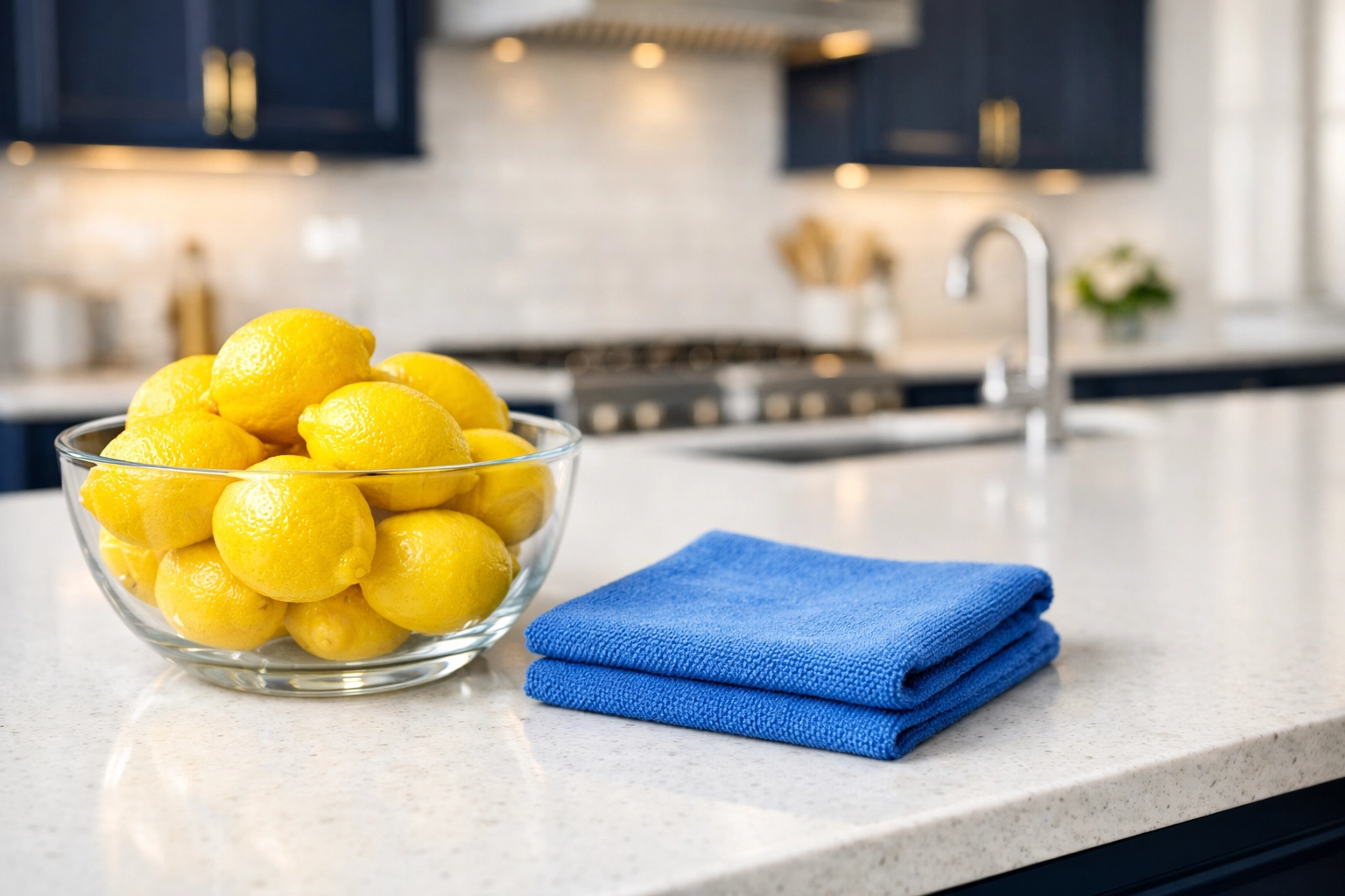 Spotless quartz kitchen island cleaned by premium maid services Lowell team with professional tools.