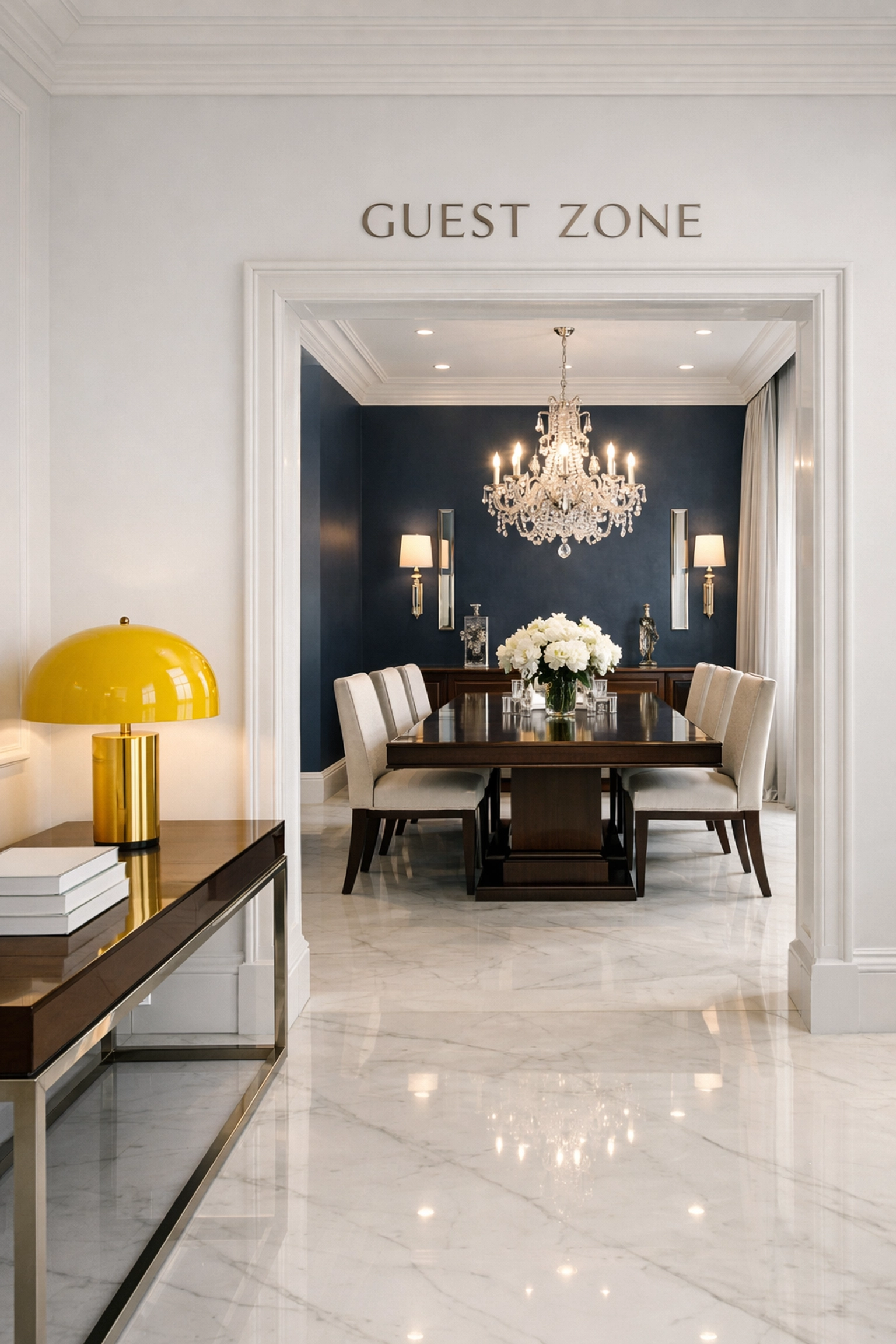 A guest-ready dining room and marble foyer following a thorough house cleaning Ashby MA service.