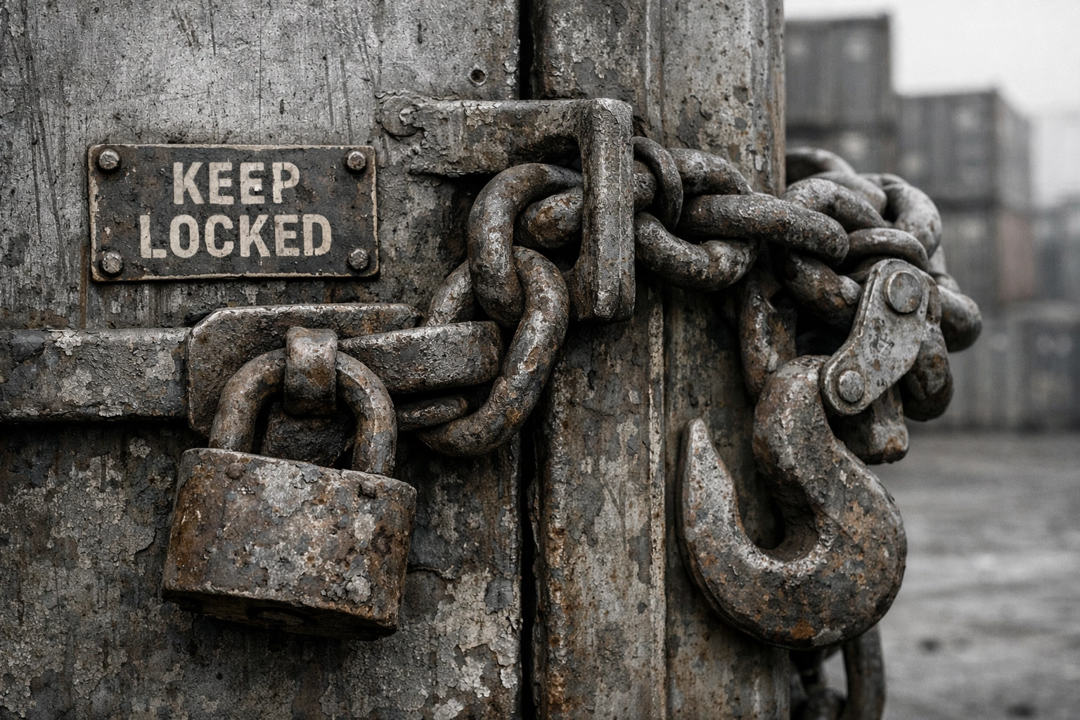 Heavy industrial gates at a Busan shipping terminal illustrating global supply chain operations.